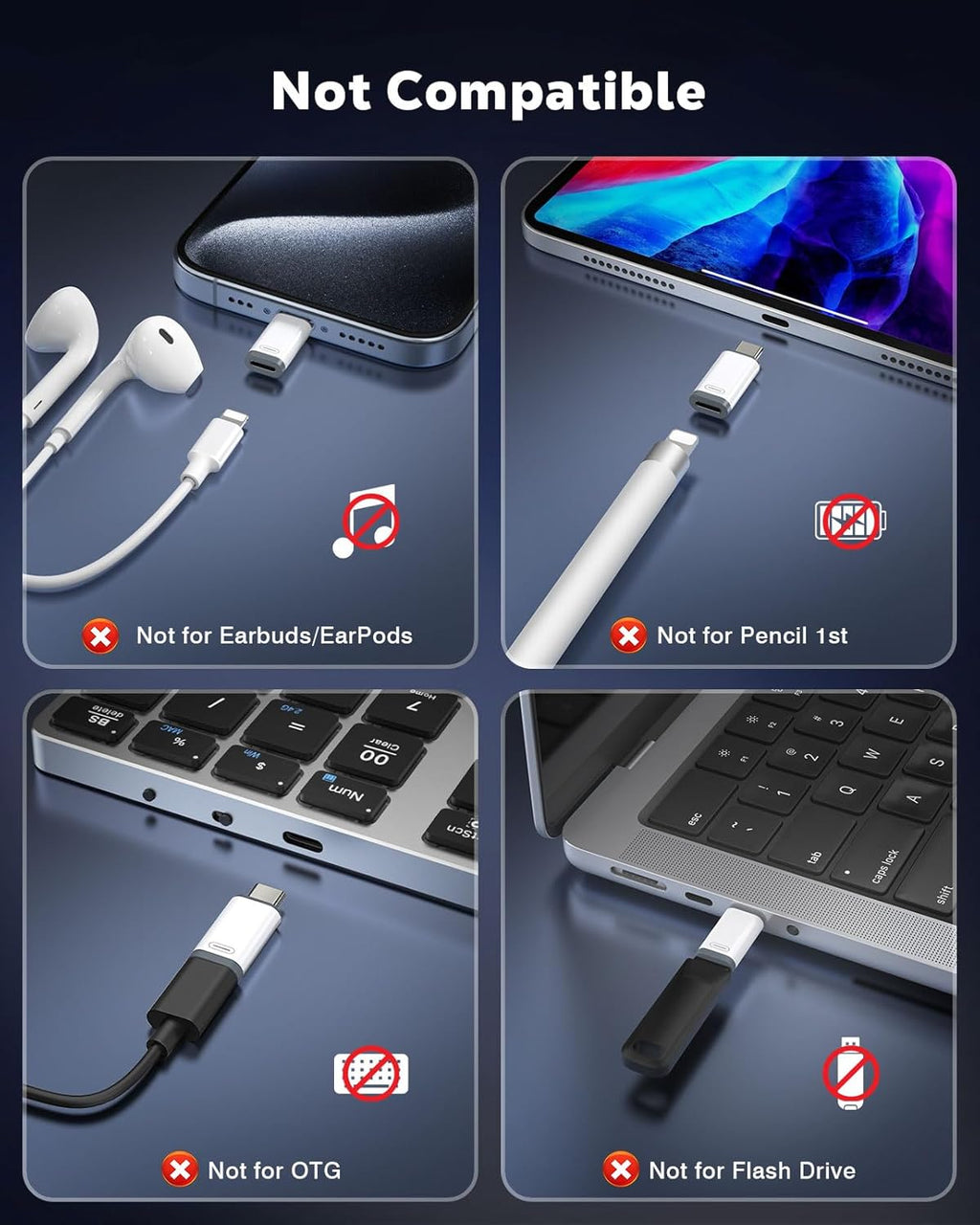 MoKo Lightning to USB C Adapter 4 Pack for iPhone 17 Air 16 16e 15 Pro Max Plus, iPad, Galaxy - NOT for Earphones/Microphone/Flash Drive/iPencil, USB-C to Lightning Adapter ONLY for Charging/Data Sync