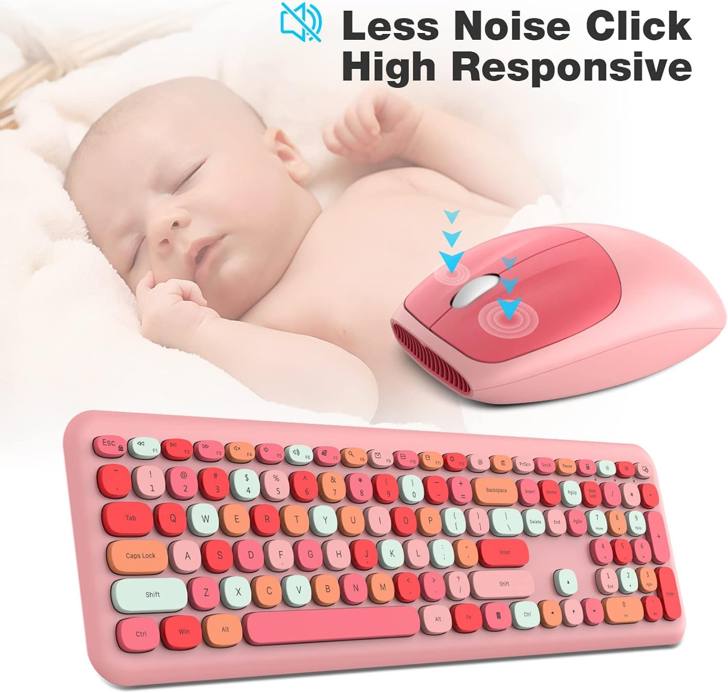 KNOWSQT Wireless Keyboard and Mouse Combo, Pale Pink Full-Sized 2.4G Silent Keycap Colorful Keyboards, USB Dongle Plug Play, for Laptop, Windows, PC, Computer, Desktop