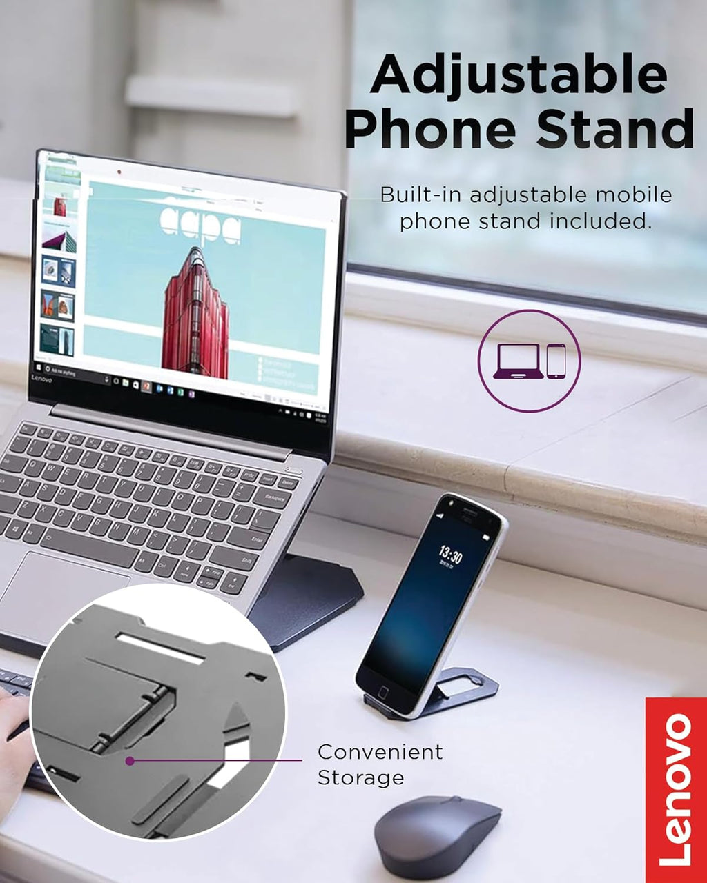 Lenovo 2-in-1 Laptop Stand - Adjustable, Portable, Foldable, Ergonomic, Non-Slip, Compatible with Laptops up to 15" and Cell Phones, Ideal for Travel
