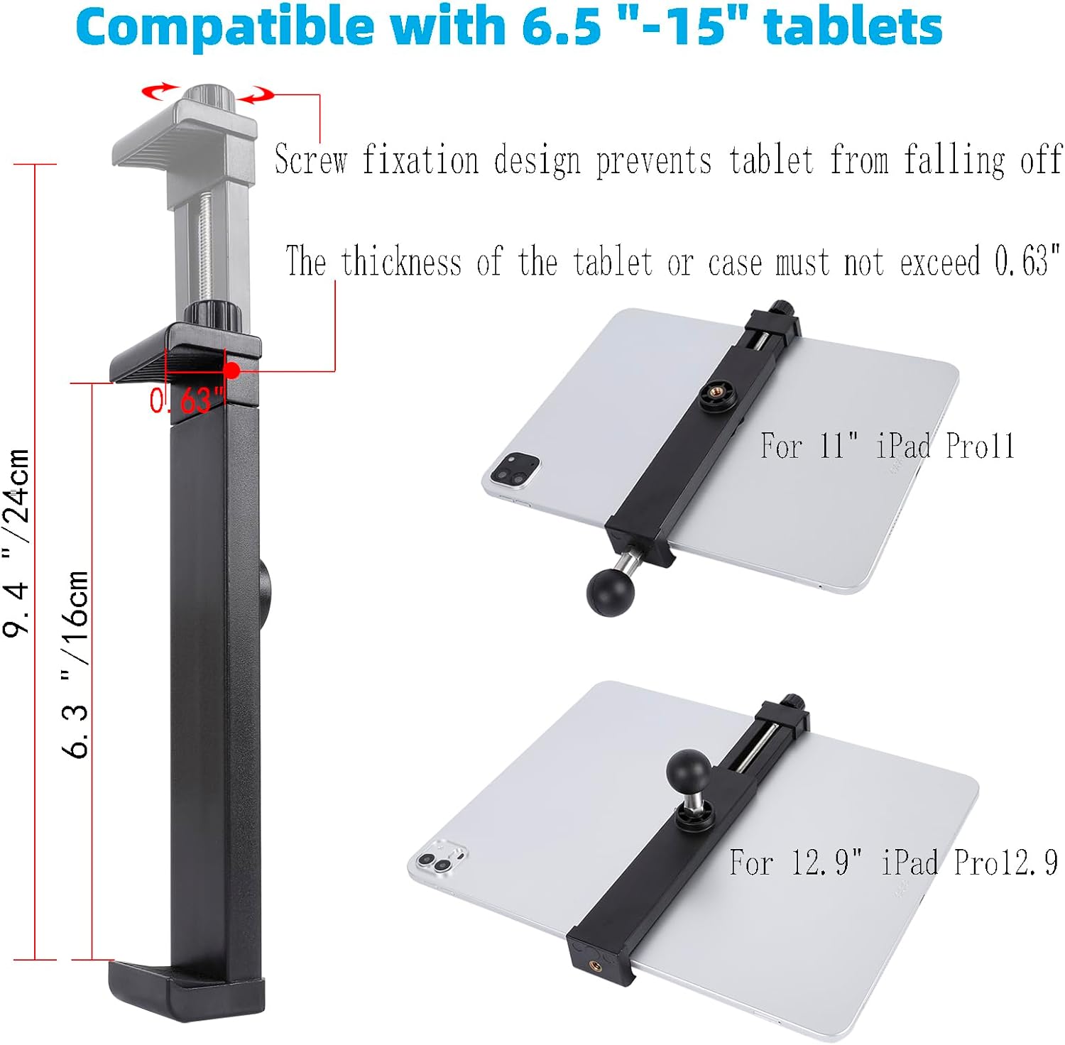 Dual Suction Cup Tablet Mount for Truck/Car, 13.4 Inch Aluminum Arm, 360° Adjustable 2-Stage Tablet Stand Holder, Compatible with iPad Pro/Air/Mini, Galaxy Tab and All 6.5-12.9" Tablets