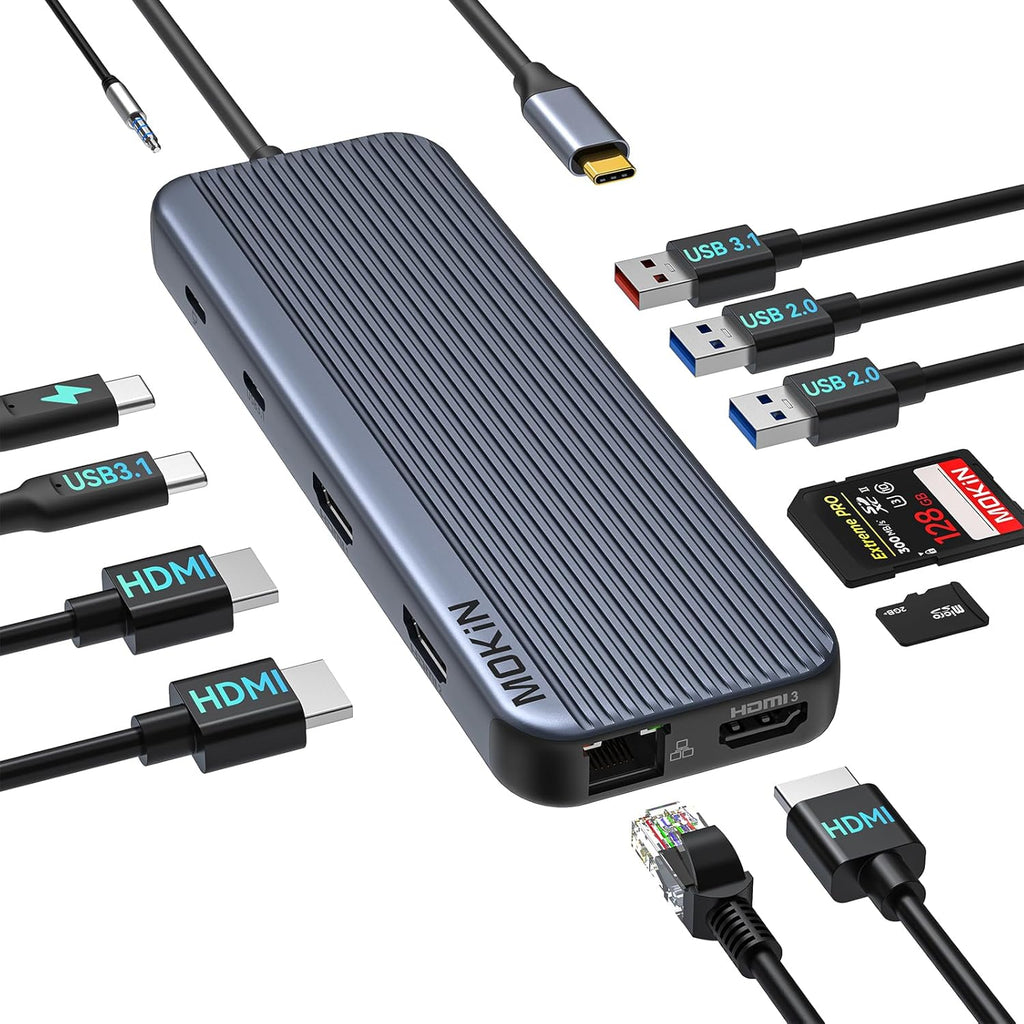 3 HDMI Laptop Docking Station, MOKiN USB C Dock 3 Monitors, 12 in 1 USB C to 3 HDMI Adapter with 10Gbps USB A&C 3.1, 2*USB A 2.0, 100W PD, Ethernet,SD/TF,Audio Port for HP/Dell/Lenovo