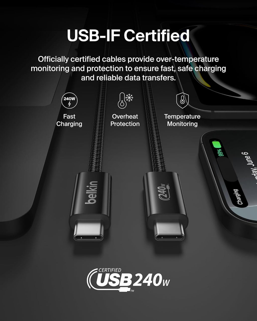 Belkin USB C to USB C Cable, 3.3ft, 240W - Type C Charger, iPhone Charger Cord, Soft, Braided, Flexible for iPhone 17, Galaxy S25, Pixel 10, MacBook, Chromebook, iPad Pro, Switch Steam Deck – Black