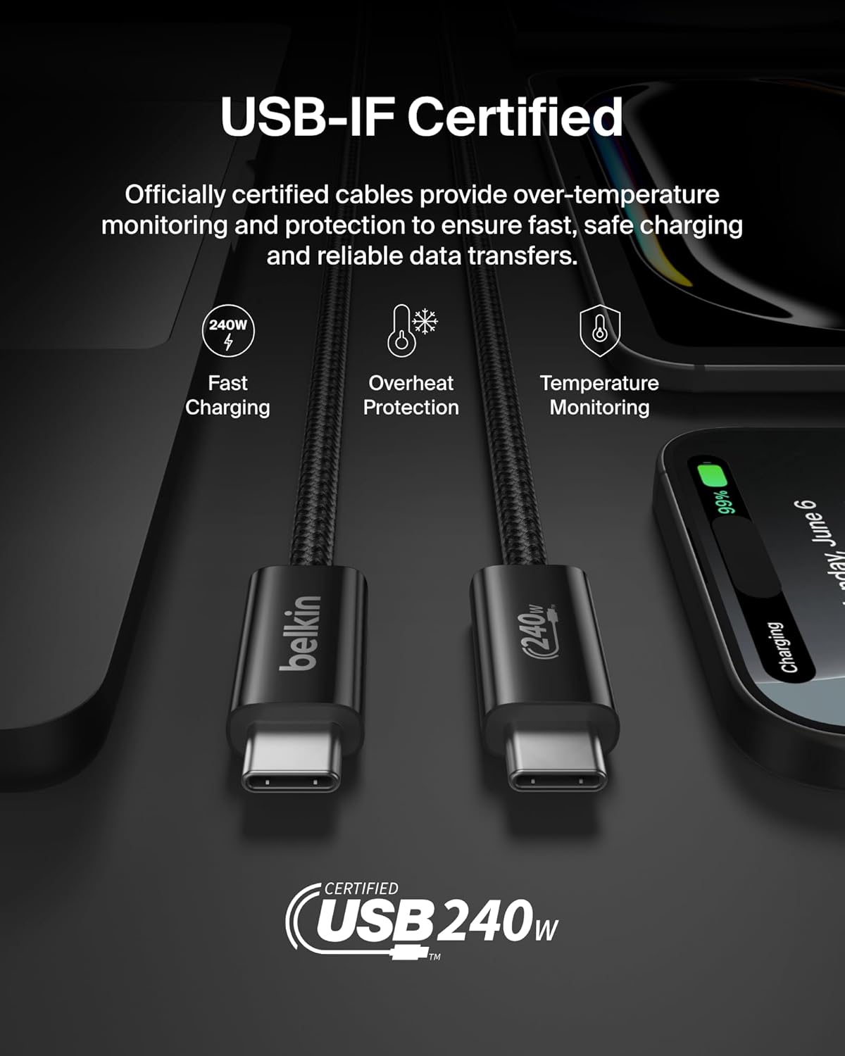 Belkin USB C to USB C Cable, 3.3ft, 240W - Type C Charger, iPhone Charger Cord, Soft, Braided, Flexible for iPhone 17, Galaxy S25, Pixel 10, MacBook, Chromebook, iPad Pro, Switch Steam Deck – Black