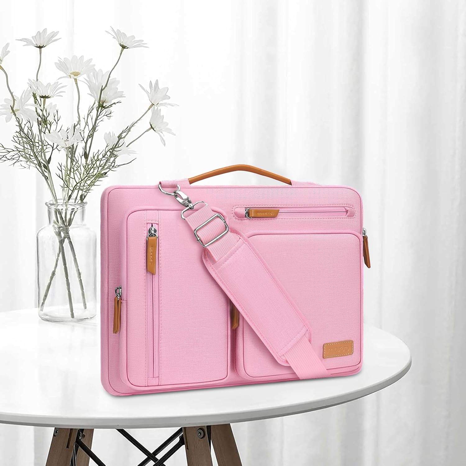 MOSISO 360 Protective Laptop Shoulder Bag,15-15.6 inch Computer Bags Compatible with MacBook Pro 16 inch, HP, Dell, Lenovo, Asus Notebook,Side Open Messenger Bag with 4 Zipper Pockets, Pink