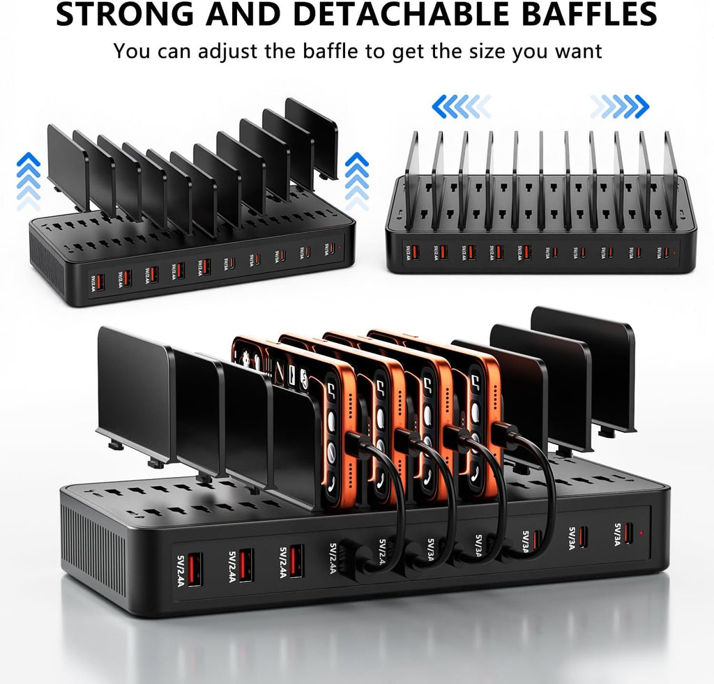 USB C Charging Station for Multiple Devices, 10-Port 100W Charging Dock, with Adjustable Dividers, USB-C Power Hub, Compatible with iPhone/Samsung/Google/Tablets/USB Devices (with 10 Cables)