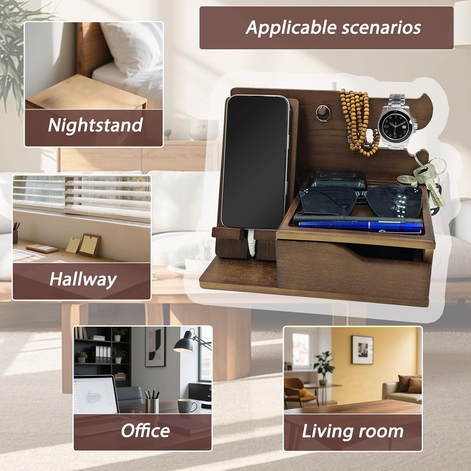 3-in-1 Wood Phone Docking Station Organizer with Drawer & Hidden Charging Hole for Phone, Keys, Glasses & Accessories, for Men (WALNUT, 01)