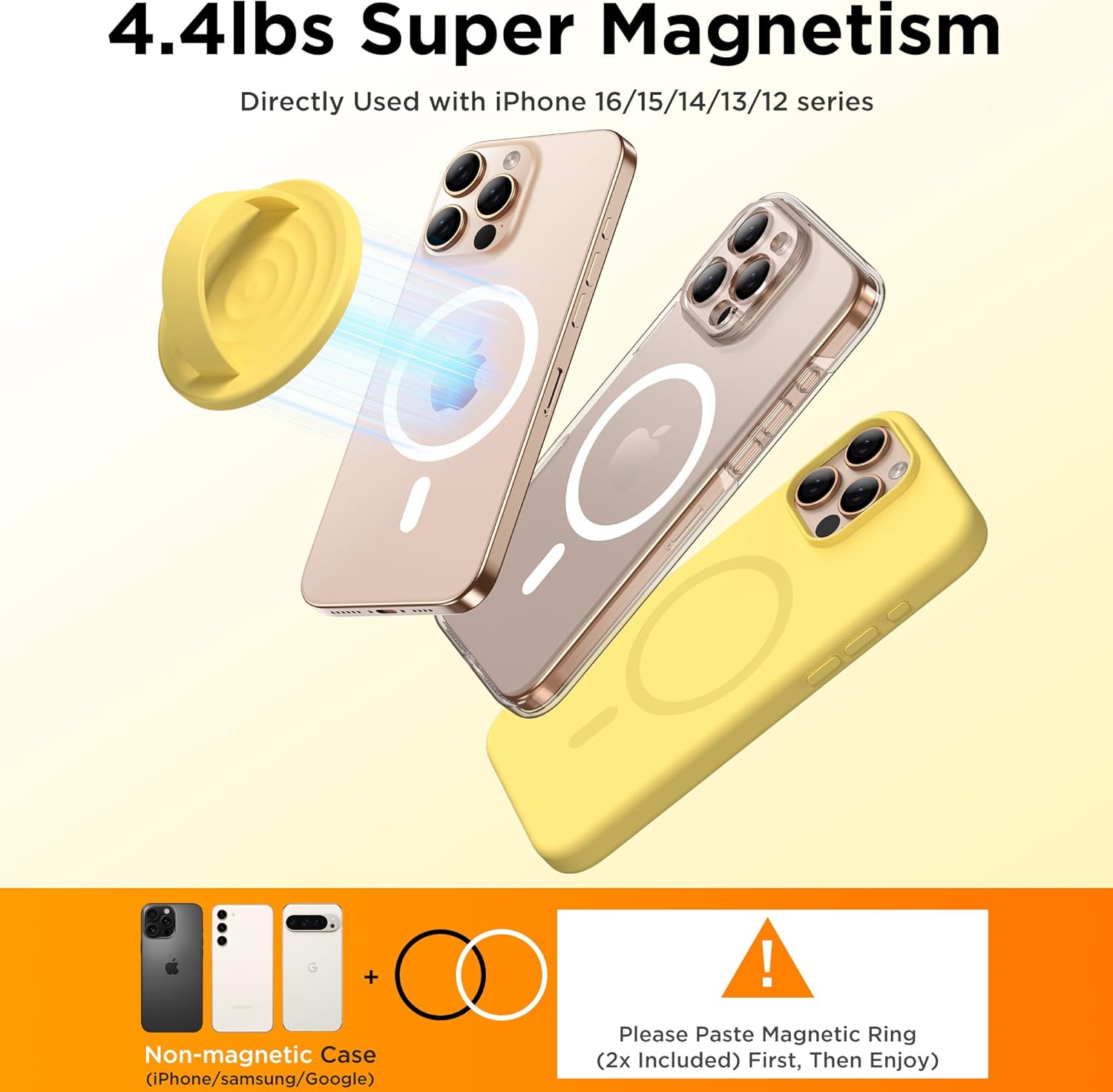 Magnetic Phone Ring Grip Holder, Silicone Finger Loop Grip, Compatible with MasSafe, Back of Phone for iPhone Pro Max/Plus/16/15/15/14/13/12 Series, Yellow