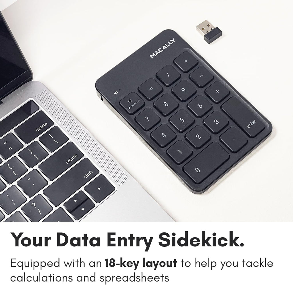 Macally Wireless Number Pad | Numeric Keypad | Wireless 10 Key for Laptop PC Computer Notebook Surface Chrome (2.4G USB) Perfect for Data Entry Numpad Number Keyboard