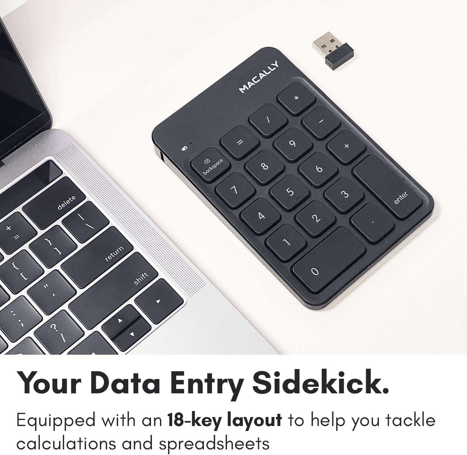 Macally Wireless Number Pad | Numeric Keypad | Wireless 10 Key for Laptop PC Computer Notebook Surface Chrome (2.4G USB) Perfect for Data Entry Numpad Number Keyboard