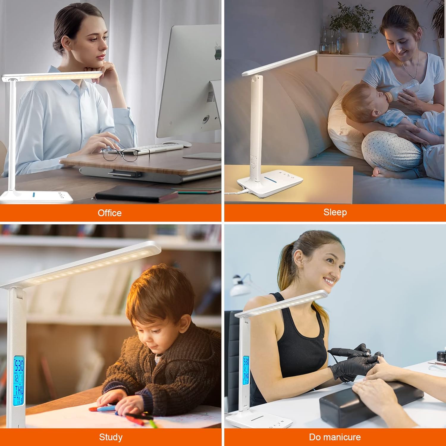 Desk Lamp with Wireless Charger，USB Charging Port, Dimmable Office Desk Light with Clock, Alarm, Date, Temperature, Foldable Lamp for Table Bedroom Bedside Office (White, Standard Size-13.3 inch)