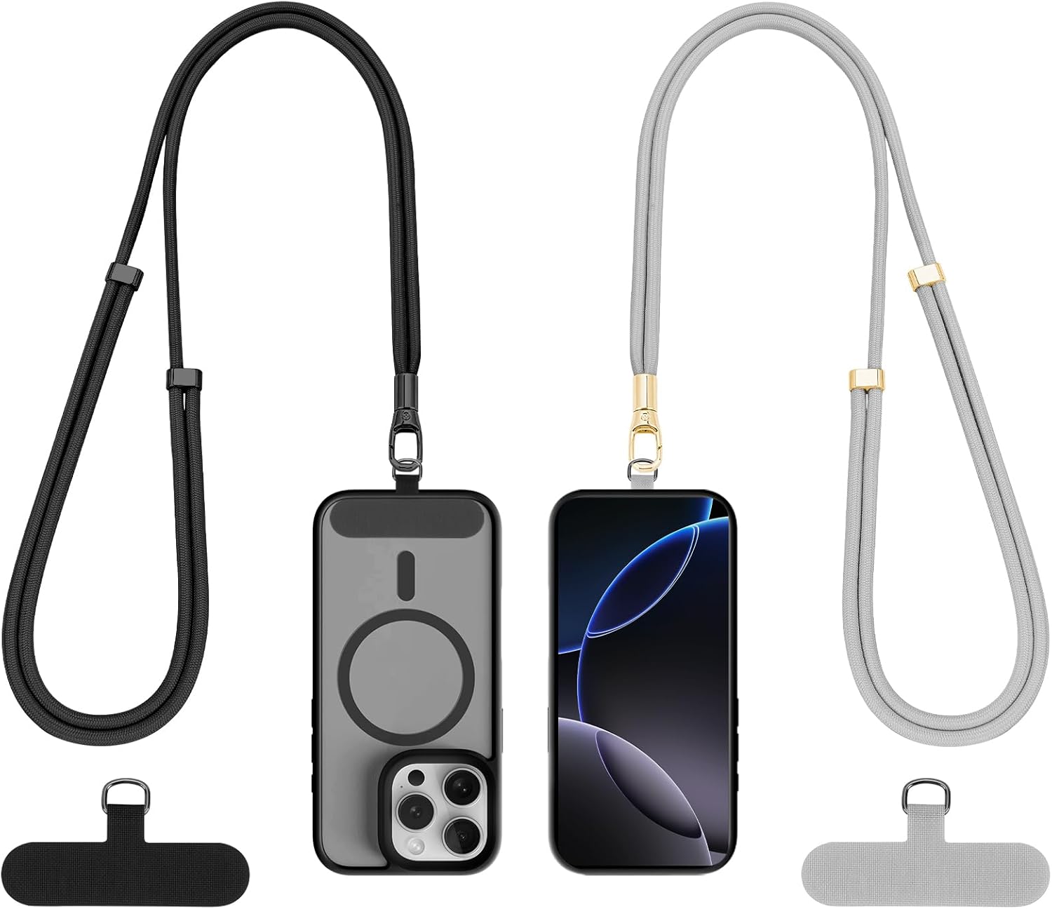 Phone Lanyard 2 Pack, 2x Adjustable Crossbody Phone Strap, 2x Tether Tab, Anti-theft Universal Cellphone Multifuctional Patch Lanyards for iPhone & Most Smartphones, Black + Silver Gray