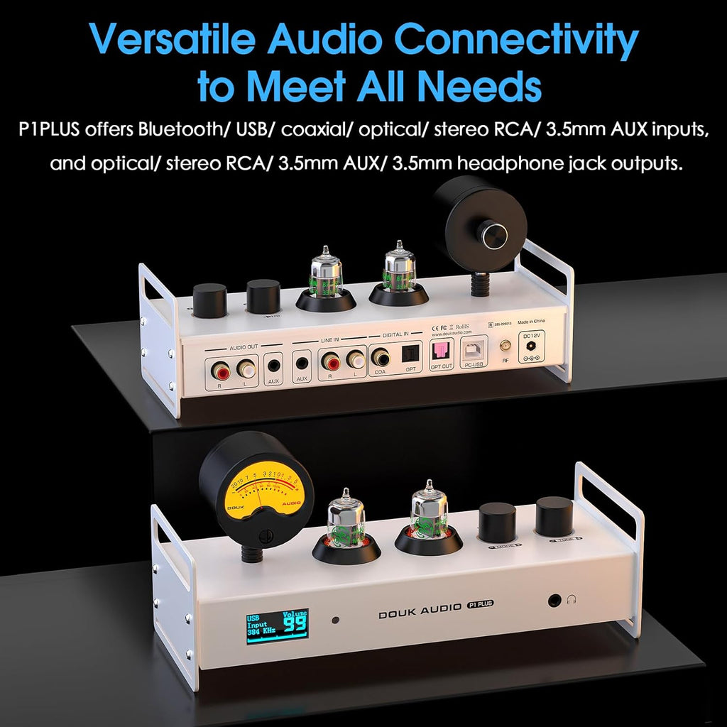 Douk Audio 2 Channel Bluetooth Vacuum Tube Preamp, Hi-Fi Headphone Amp, USB DAC PC Sound Card, Wireless Receiver Audio Preamplifier with VU Meter, Optical, Coaxial, APTX, LDAC, DSD256, Remote Control
