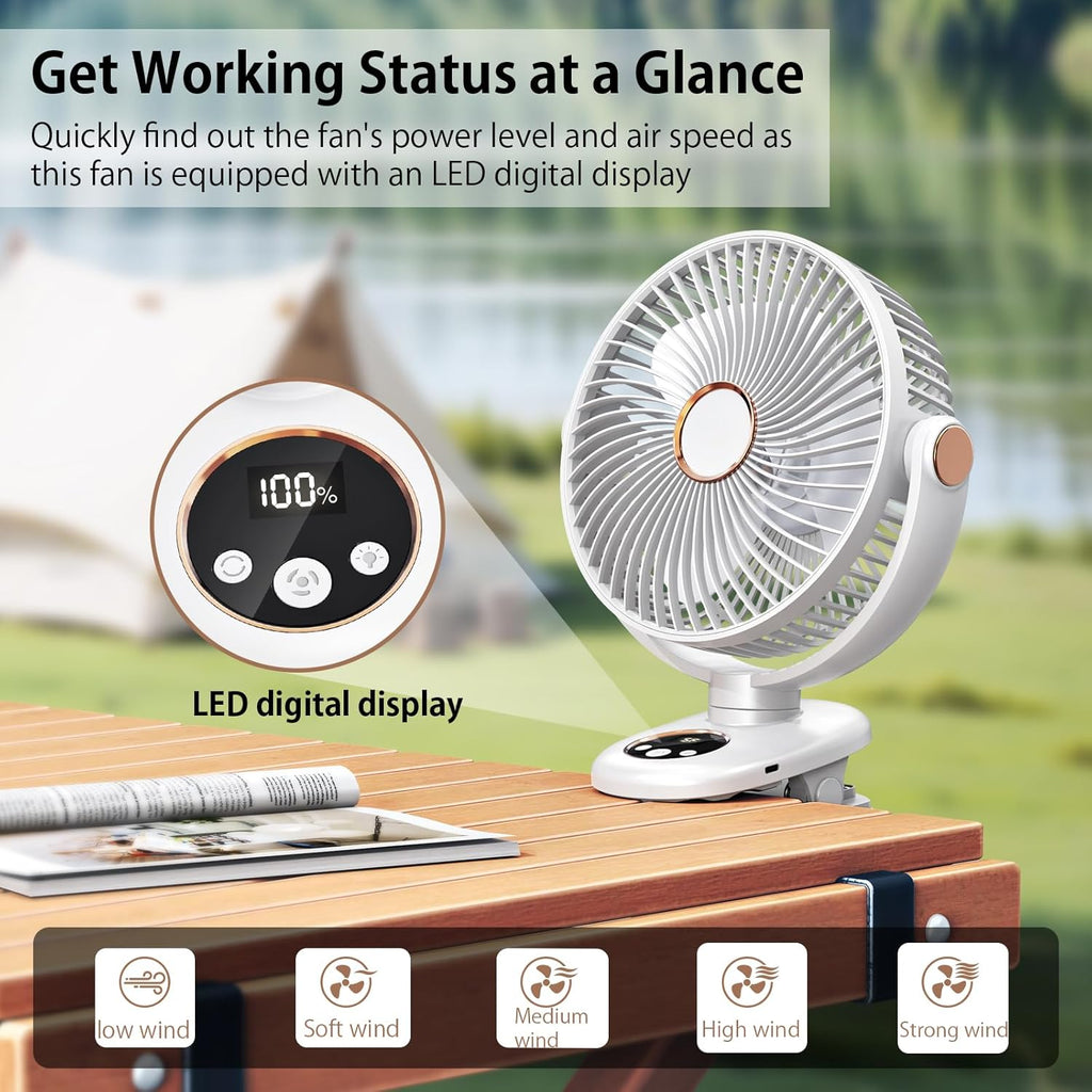 iNeibo 10000mAh Portable Clip on Fan, 90° Oscillating Fan, 8 Inch Rechargeable Battery Operated Desk Fan, Strong Airflow, 5 Speeds, Sturdy Clamp for Golf Cart Home Office Outdoor Travel (White)