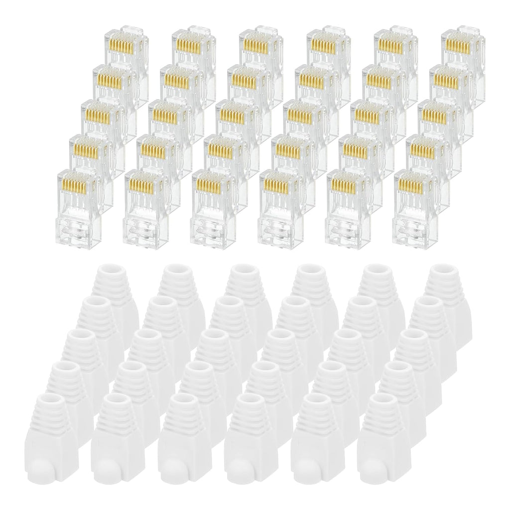 MECCANIXITY 100pcs Cat6 RJ45 Pass Through Connectors, RJ45 Connector 8P8C Gold Plated Plugs with 100pcs White Strain Relief Boots for Solid or Stranded UTP Ethernet Cable, 1.1mm