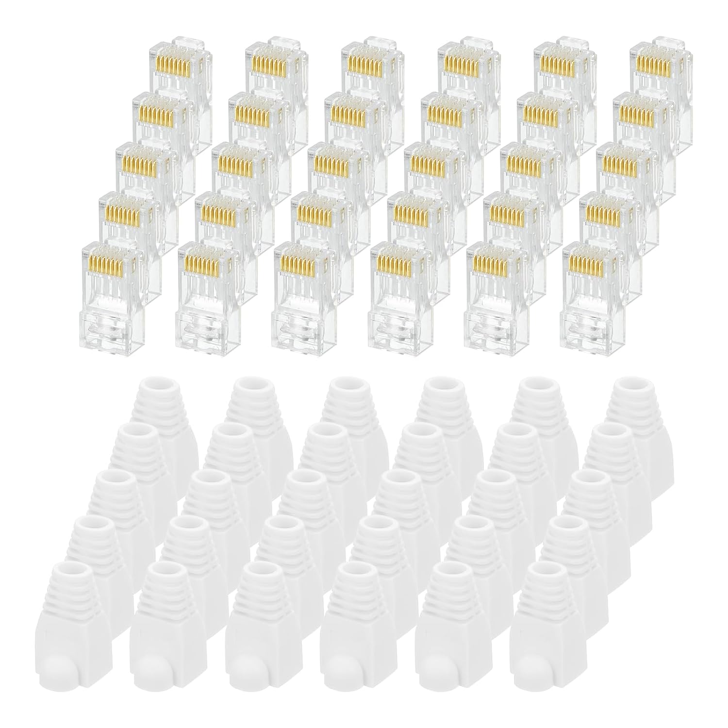 MECCANIXITY 30pcs Cat6 RJ45 Pass Through Connectors, RJ45 Connector 8P8C Gold Plated Plugs with 30pcs White Strain Relief Boots for Solid or Stranded UTP Ethernet Cable, 1.1mm