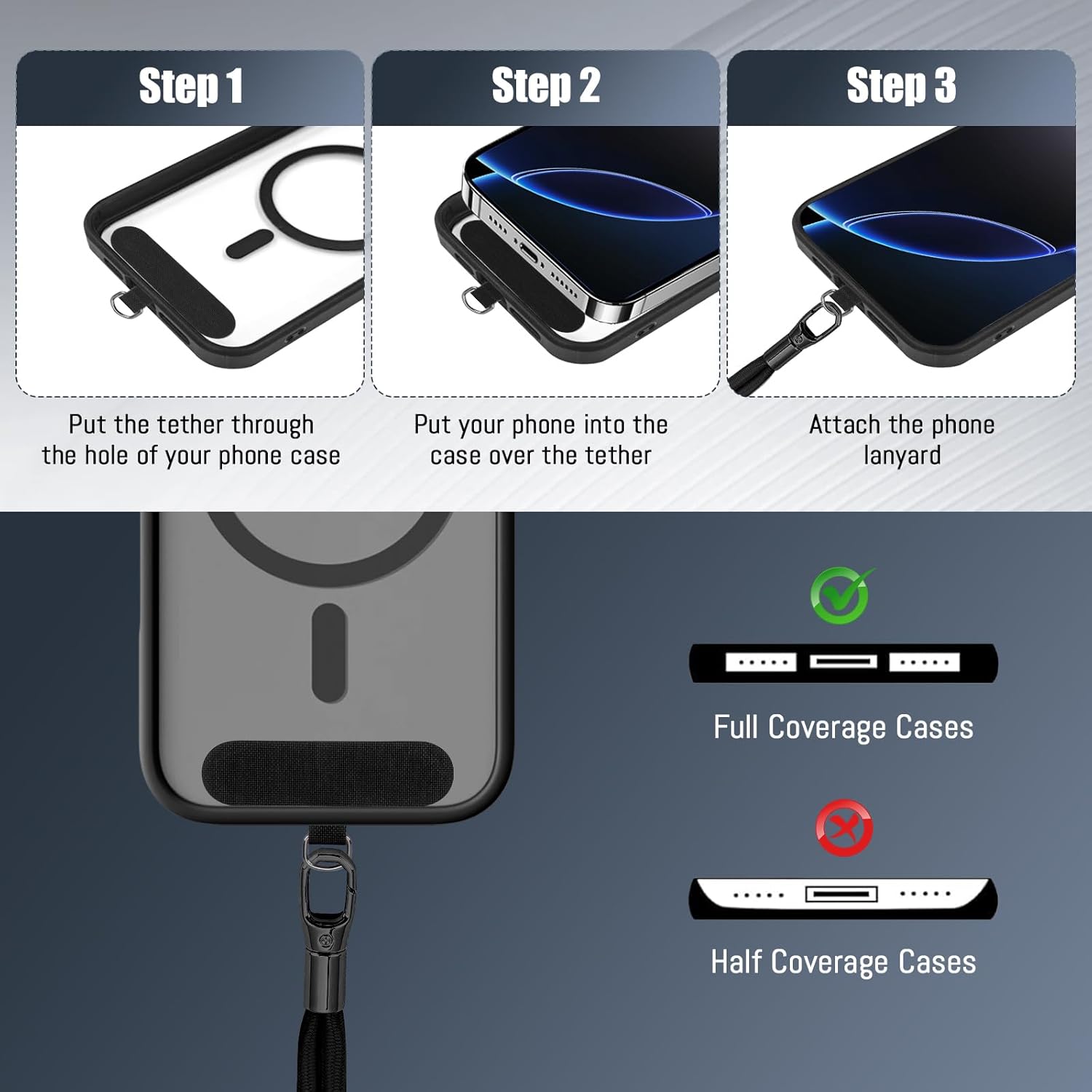 Phone Lanyard 2 Pack, 2x Adjustable Crossbody Phone Strap, 2x Tether Tab, Anti-theft Universal Cellphone Multifuctional Patch Lanyards for iPhone & Most Smartphones, Black+Black