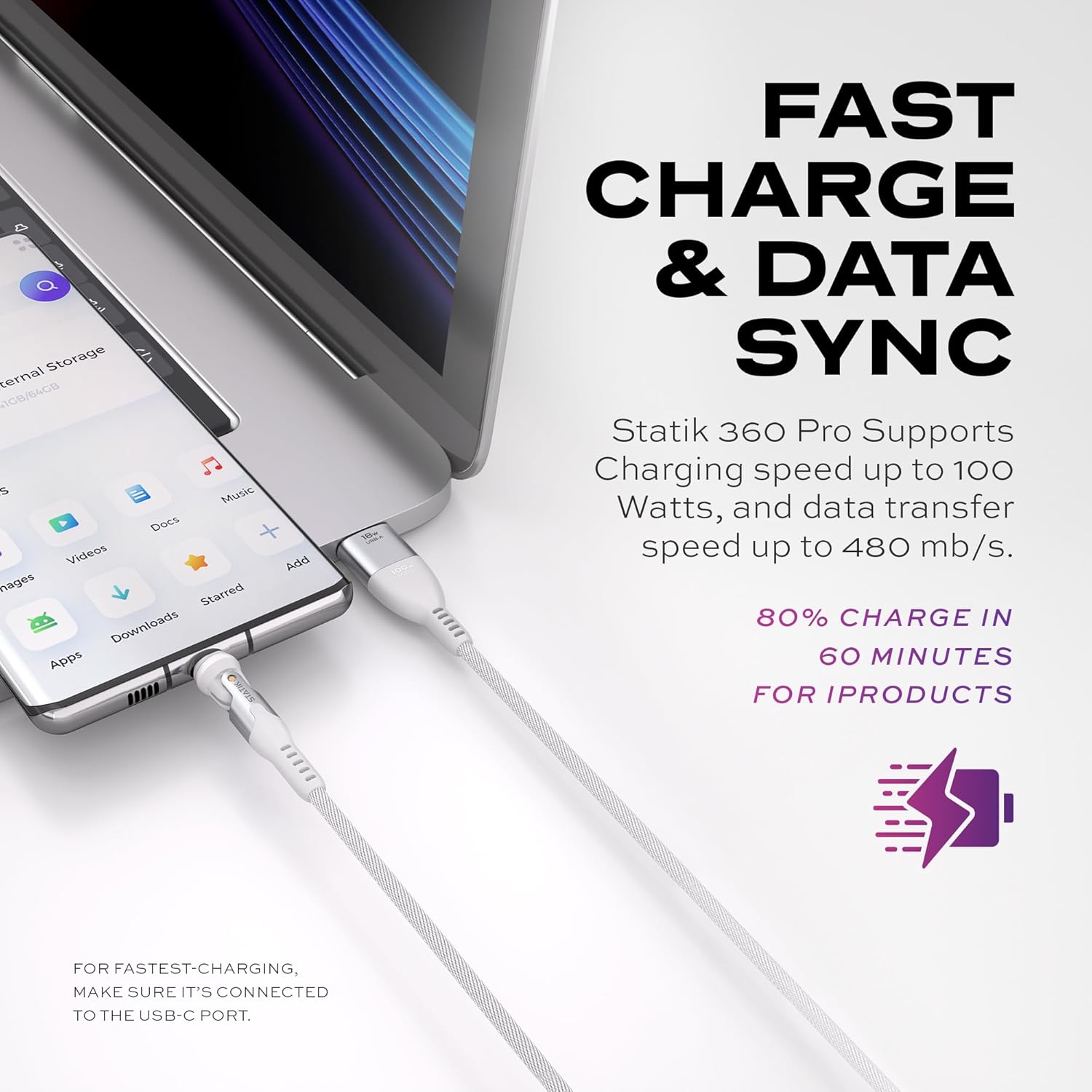 Statik 360 Pro Magnetic Charging Cable - Type C Charger Fast Charging 3 in 1 USB C to USB C Cable, Micro USB & iProduct Tips, USB A Adapter, Compatible w/All Devices - 100W Fast Charger, White 6FT/2M