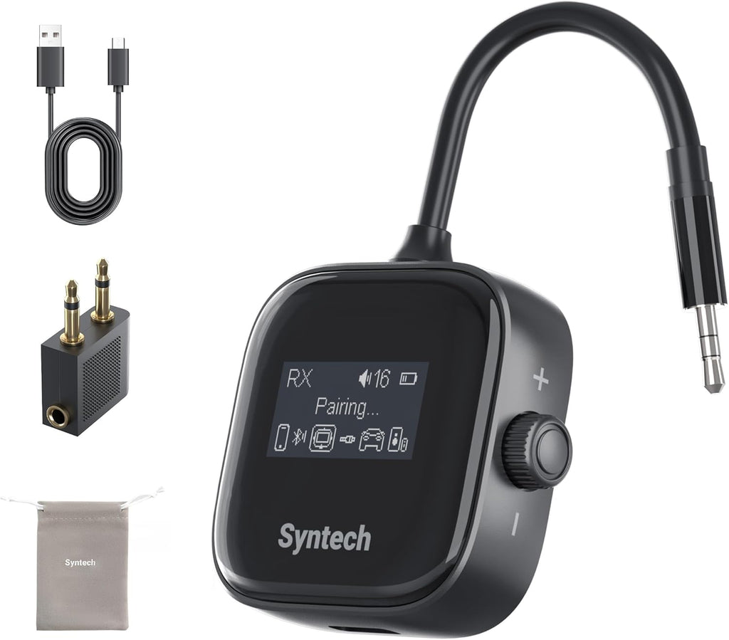 Syntech Airplane Bluetooth 5.4 Transmitter Receiver for 2 AirPods or Wireless Headphones, HD Display Low Latency 3.5mm AUX Jack Bluetooth Audio Adapter for Flying, TV, Car, Gym, Home Stereo
