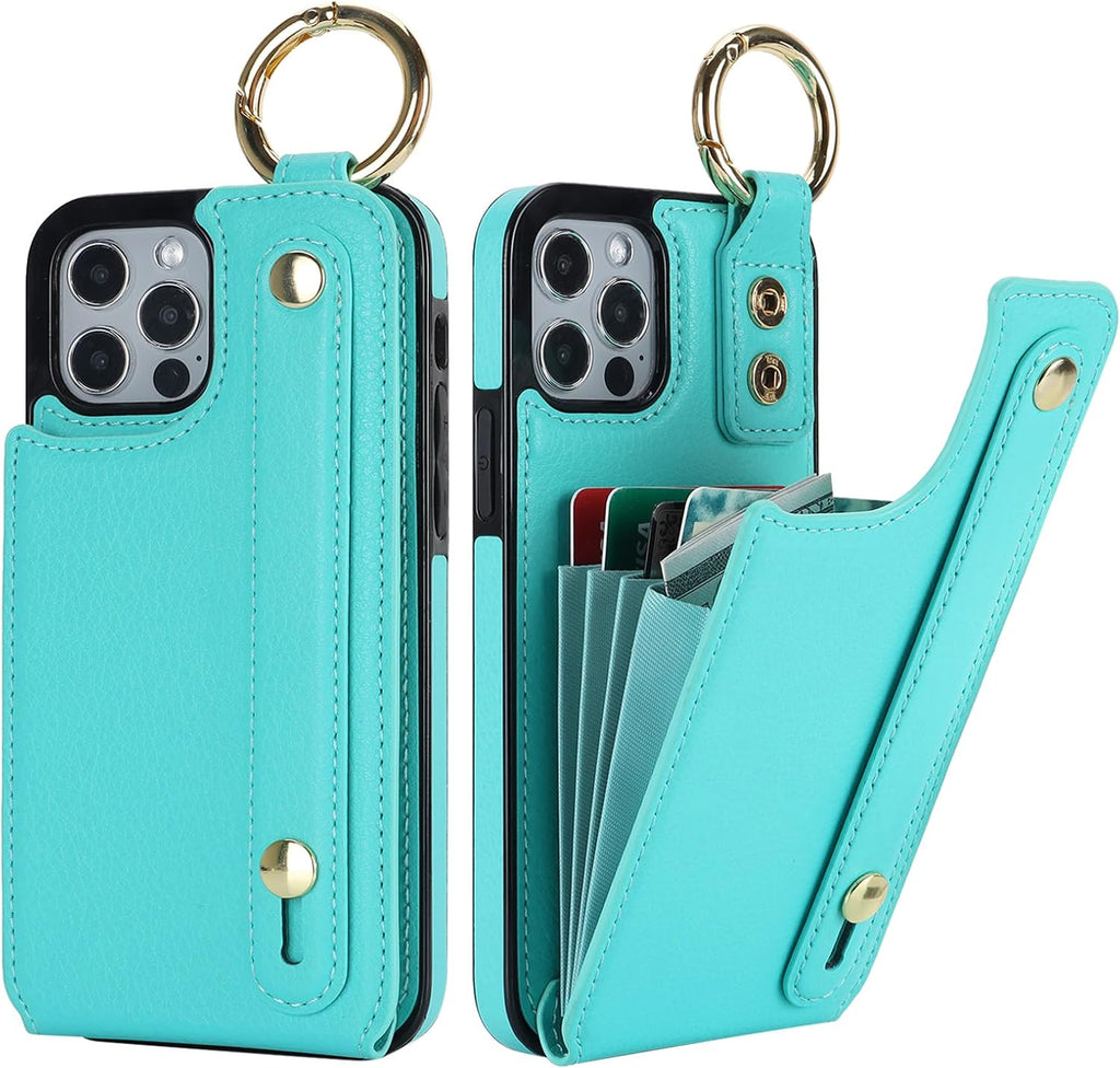 Folosu for iPhone 12/12 Pro Wallet Case with Card Holder, Hand Wrist Strap Loop Holder Kickstand, RFID Blocking Finger Grip Ring PU Leather Double Buttons Shockproof Cover 6.1" Green