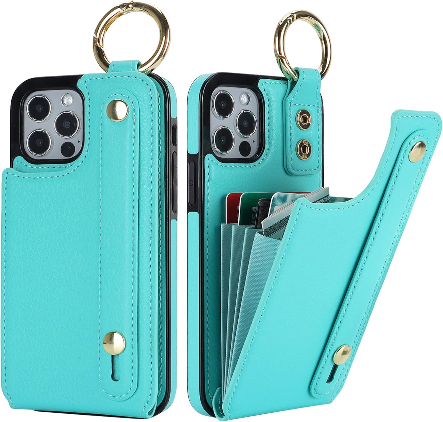 Folosu for iPhone 12/12 Pro Wallet Case with Card Holder, Hand Wrist Strap Loop Holder Kickstand, RFID Blocking Finger Grip Ring PU Leather Double Buttons Shockproof Cover 6.1" Green