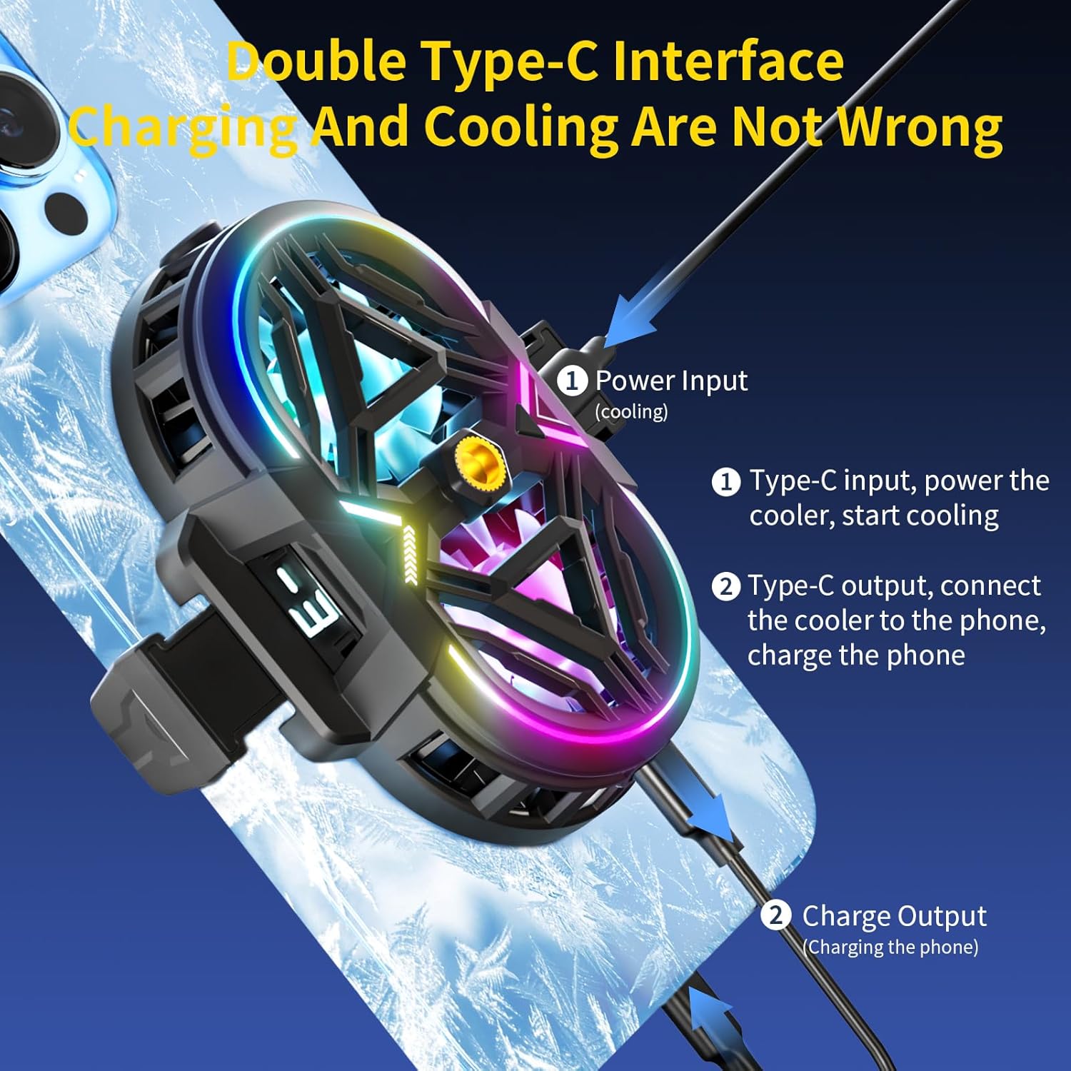 Cell Phone Cooler with LED, Cooling Power, Compatible with 2.5-3.5 Inch Wide Smartphones for Gaming, Live Streaming and Video Recording