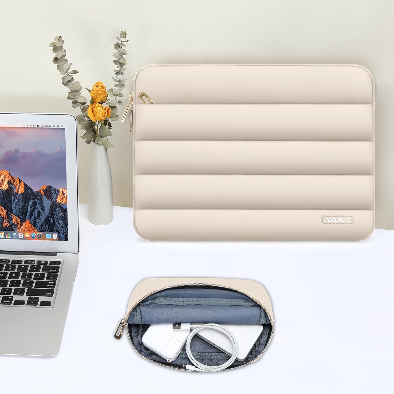 MOSISO 13.3 inch Laptop Case, 13-13.3 inch Puffy Laptop Sleeve Compatible with MacBook Air 13 13.6 M4 M3 M2 M1/Pro 13/Pro 14, HP Dell ASUS Lenovo,Polyester Horizontal Bag with Small Case, Sand