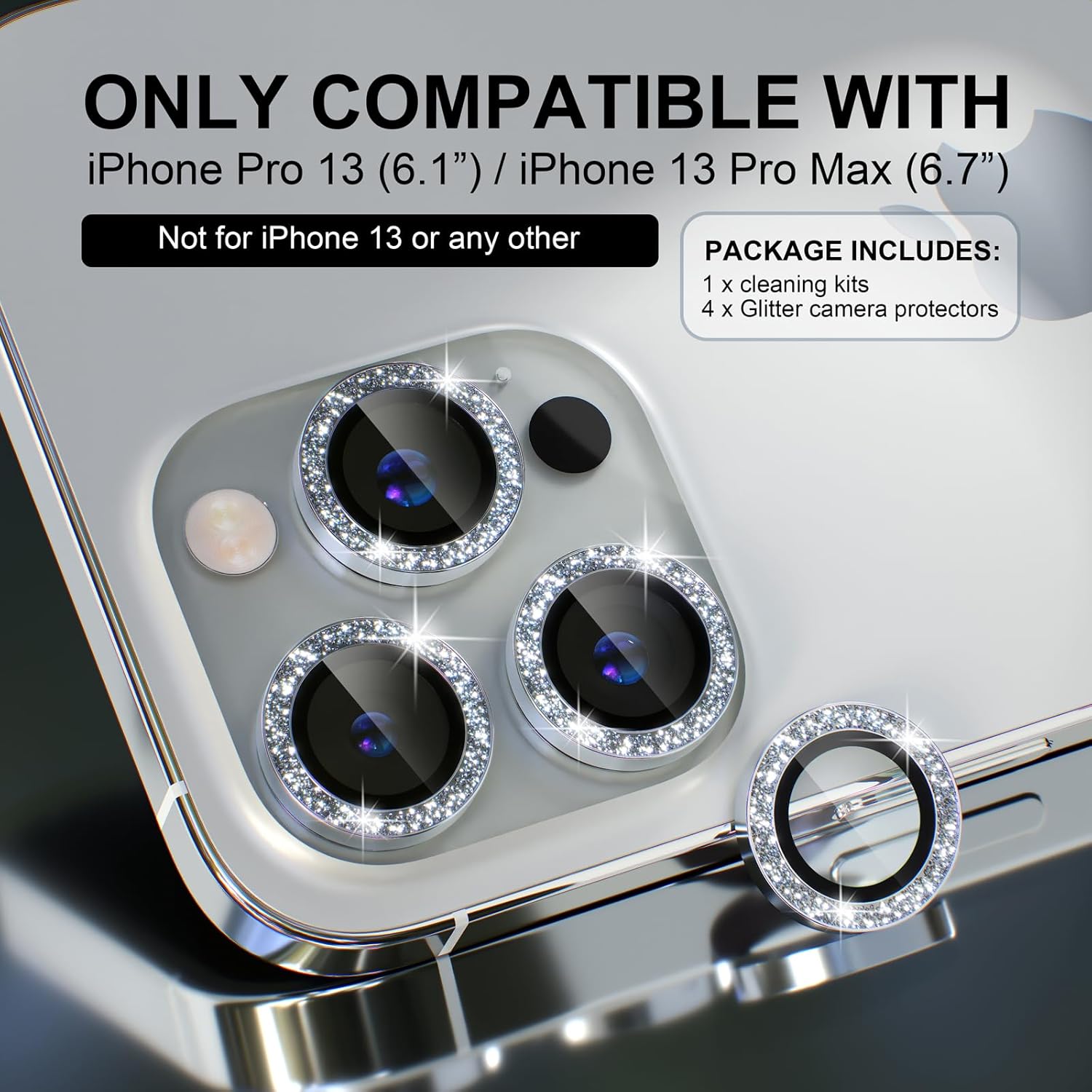 Choiche [3+1 for iPhone 13 Pro/iPhone 13 Pro Max Camera Lens Protector Bling, 9H Tempered Glass Camera Cover Screen Protector Metal Ring Decoration Accessories (Glitter-Silver)