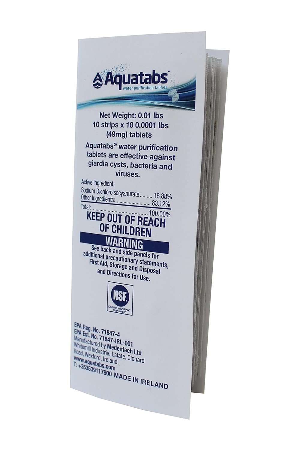 Aquatabs 49mg Water Purification Tablets (100 Pack). Water Filtration System for Hiking, Backpacking, Camping, Emergencies, Survival, and Home-Use. Easy to Use Treatment and Disinfection.
