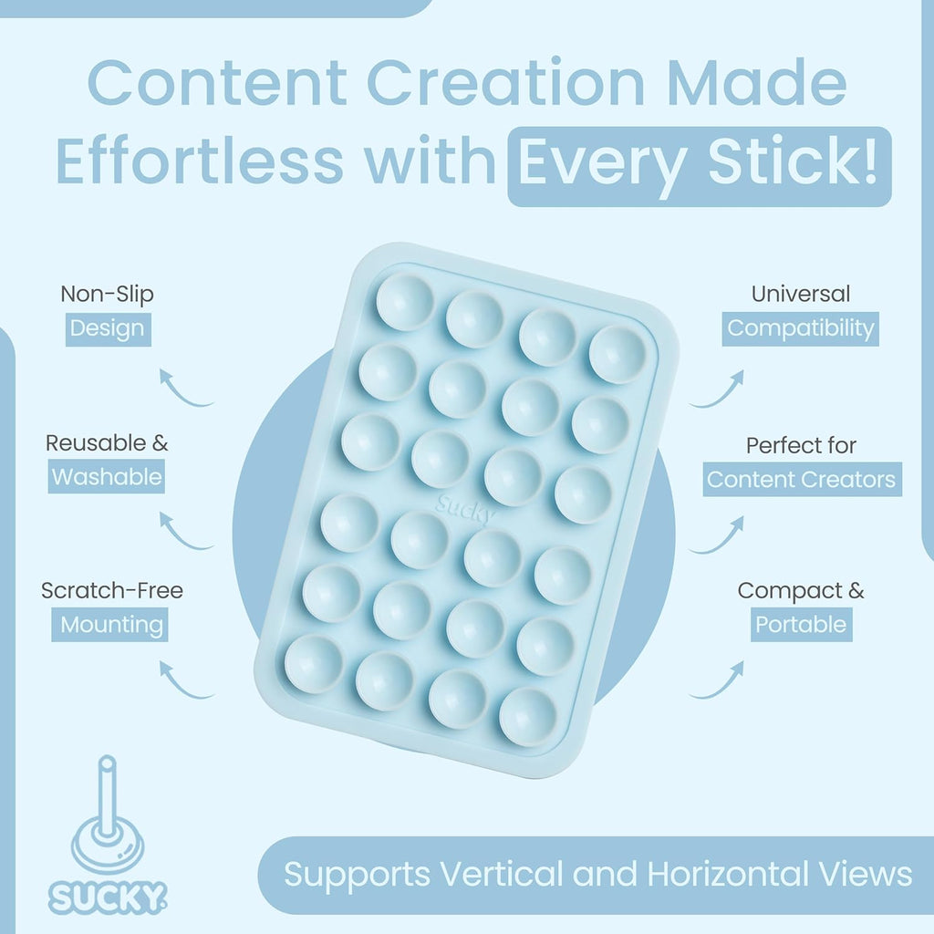 SUCKY Silicone Suction Phone Case Adhesive Octo Cup Buddy Mount - Anti-Slip Holder, Hands-Free Phone Accessory for iPhone & Android - Sticky Grip for Selfies, Videos - Baby Blue