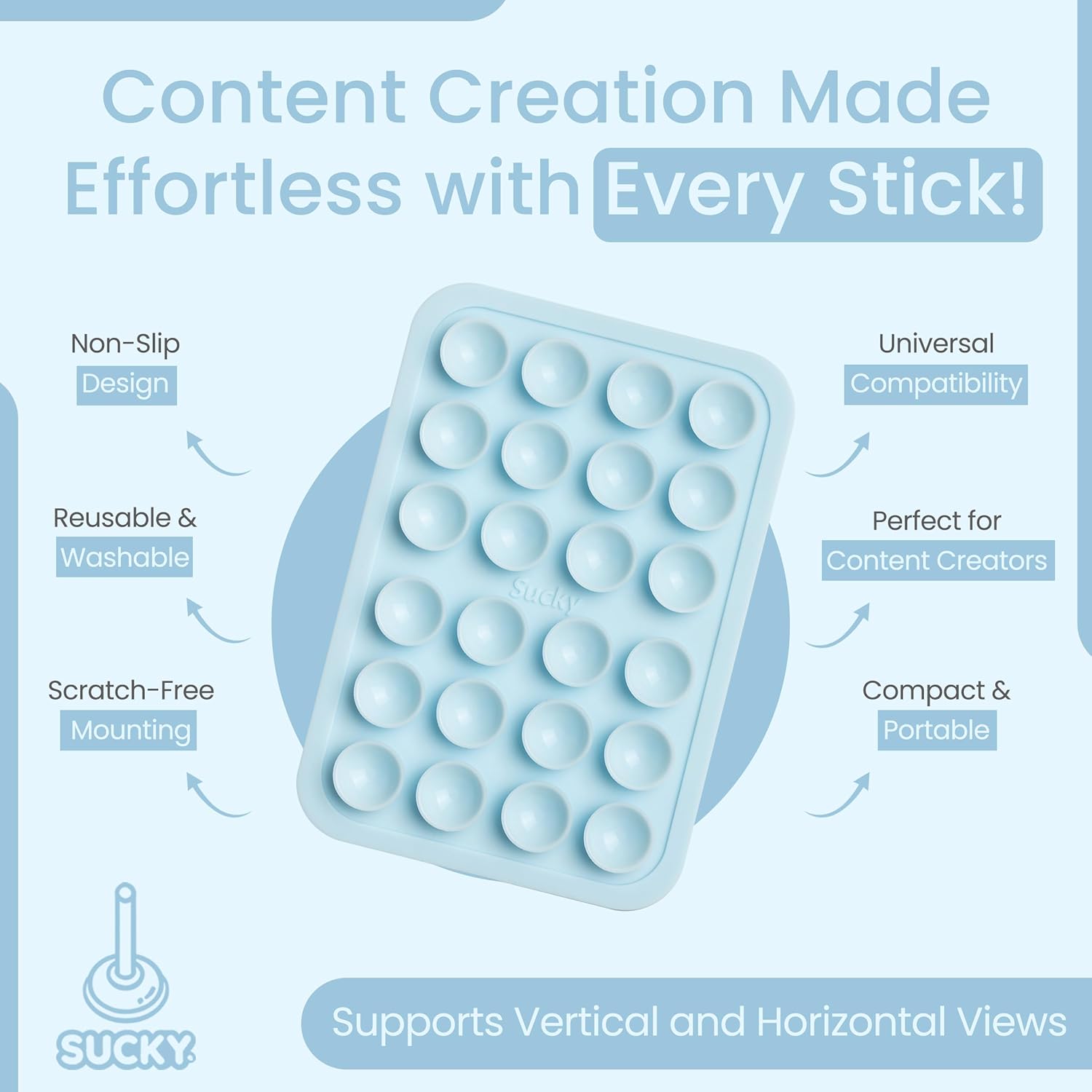 SUCKY Silicone Suction Phone Case Adhesive Octo Cup Buddy Mount - Anti-Slip Holder, Hands-Free Phone Accessory for iPhone & Android - Sticky Grip for Selfies, Videos - Baby Blue