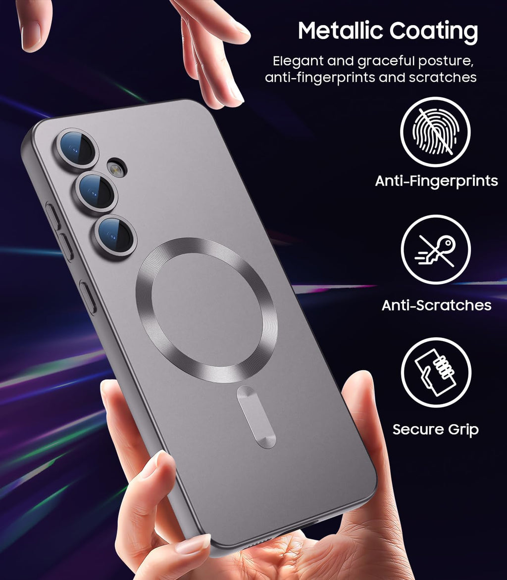 Magnetic for Samsung Galaxy S25 Case [Compatible with MagSafe][Built-in Camera Lens Protector] Slim Soft Silicone Bumper Shockproof Metallic Luster Phone Case (Gray)