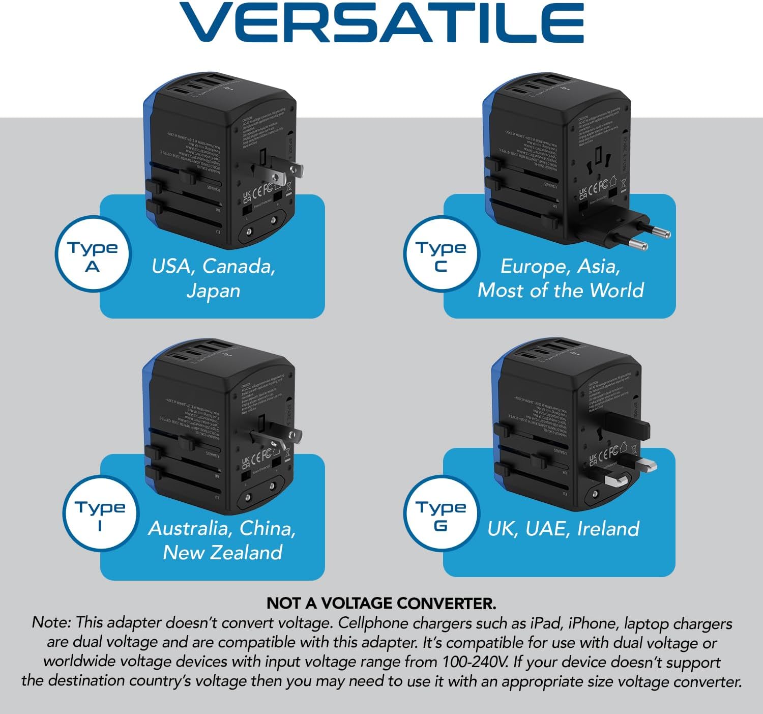 Ceptics Universal Travel Adapter, 5 in 1 Universal Laptop Charger with 2X USB-A & USB-C 3.5A for Mobiles, Laptops, Cameras US, UK, EU, AU, All in 1 Type A, C, G, I Output,