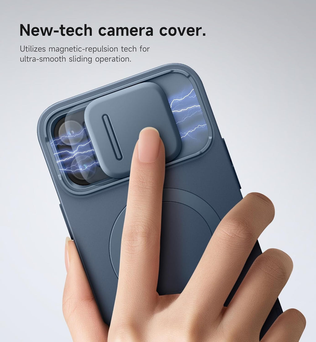 SURITCH for iPhone 13 Pro Max/12 Pro Max Case with Magnetic Camera Slide Cover and Adjustable Kickstand, Compatible with MagSafe, Shockproof Bumper Case Slim Protective Cover 6.7 Inch, Blue