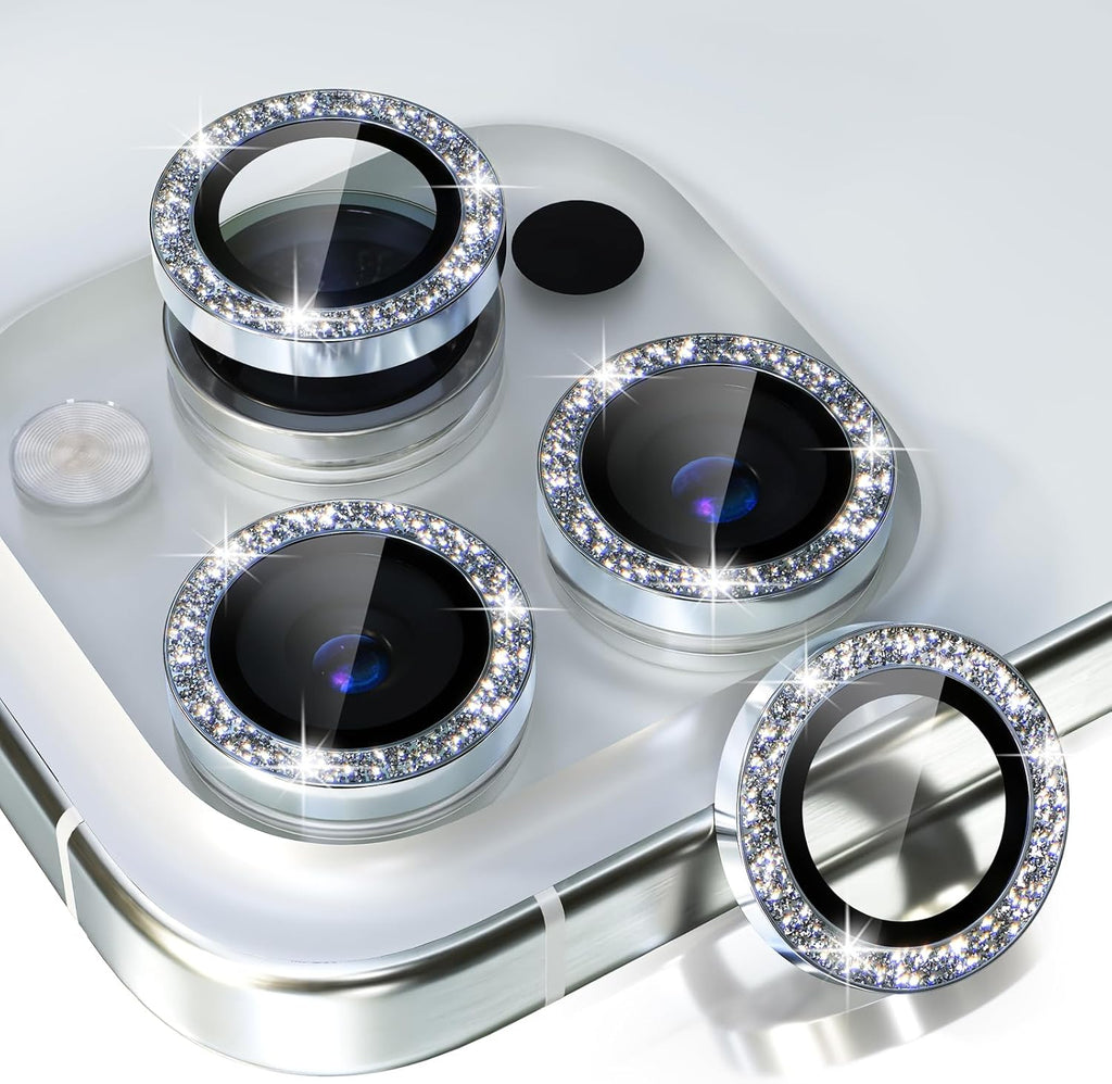 Choiche Compatible for iPhone 15 Pro/iPhone 15 Pro Max Camera Lens Protector Bling, 9H Tempered Glass Camera Cover Screen Protector Metal Ring Decoration Accessories (Glitter-Silver)