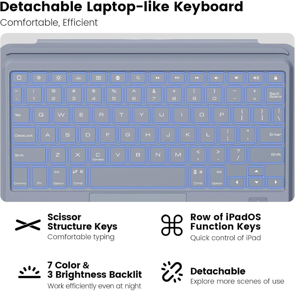 Nillkin iPad 9th Generation (10.2", 2021) Case with Detachable Keyboard, Magic Trackpad, 7-Colors Backlit, Portrait/Landscape Modes, Rugged Keyboard Case with Camera Cover for iPad 8th/7th Gen, Gray