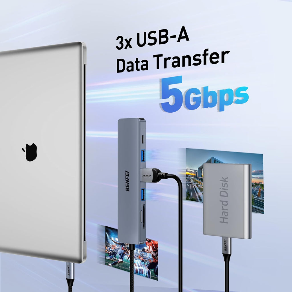 BENFEI USB C HUB 7-in-1 with HDMI(4K@60Hz,Certified), 100W Power Delivery, 3*USB 3.0, SD/TF Card Reader(160MB/s) Compatible with iPhone 15 Pro/Max, MacBook, iPad Pro, iMac, S23, XPS17