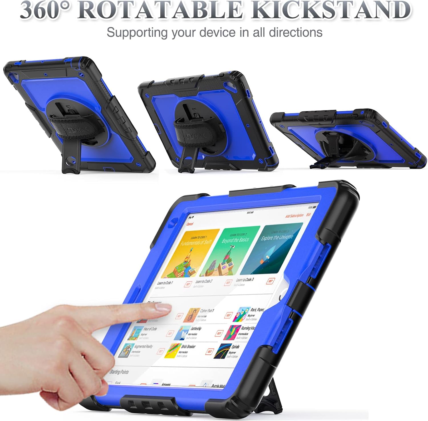 SEYMAC stock Case for iPad 6th / 5th Generation Case/Air 2 / Pro 9.7 inch, Heavy Duty Protective with Screen Protector, with Pencil Holder, Hand Strap, Shoulder Strap, 360 Rotate Stand, Blue+Black