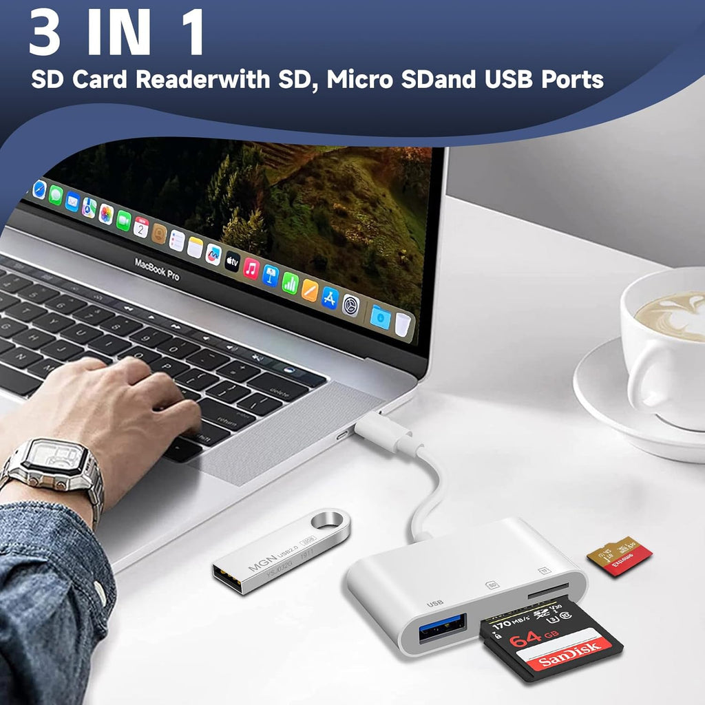 SD Card Reader for iPhone 15/16/iPad/MacBook - USBC Dual Port Memory Card Reader Adapter, Compatible with Canon/Nikon/Sony/Kodak Digital Cameras, SD/MicroSD, Plug & Play (No App Required)
