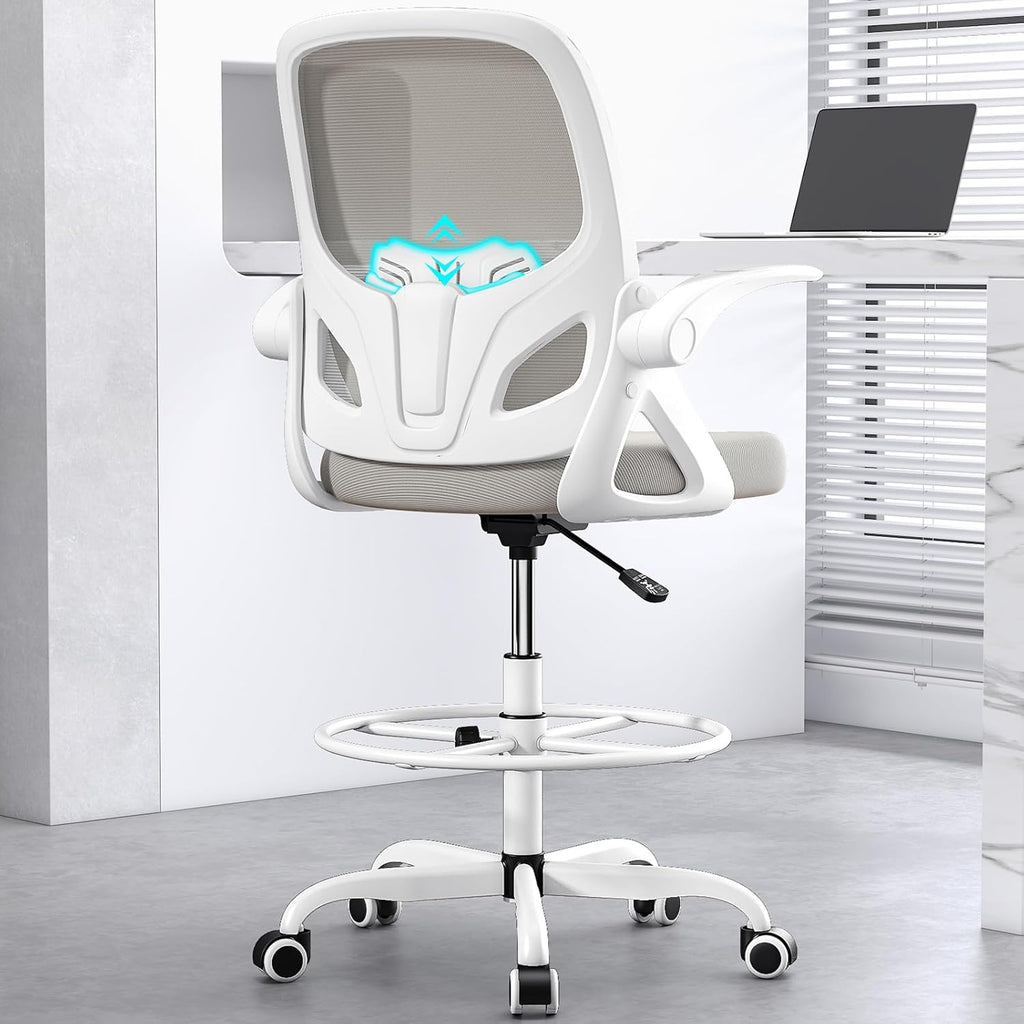 Tall Drafting Chair with Footrest Ring for Home and Work, Ergonomic Home Desk Office Chair with Flip up Arms and Lumbar Support, Extended Height Executive Desk Office Chair(Gray)