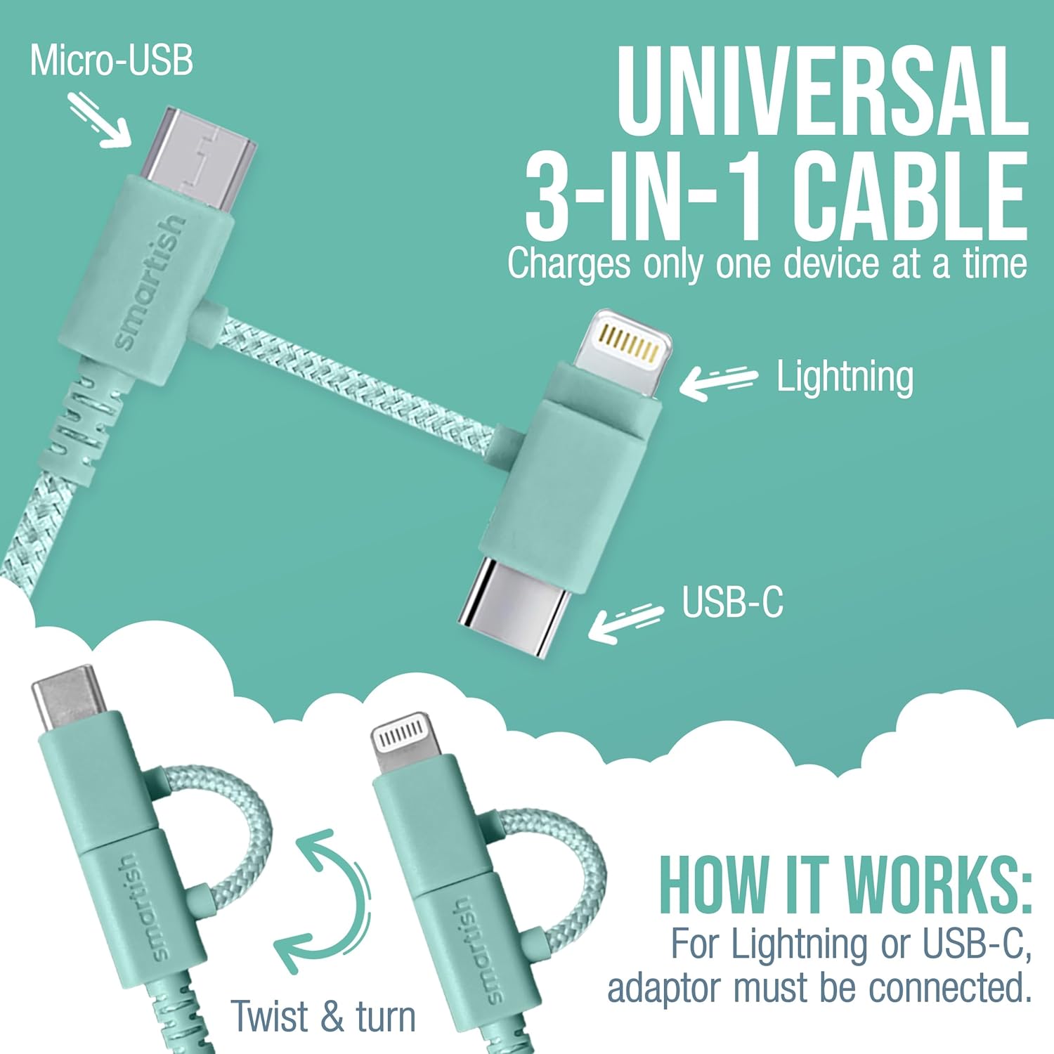 Smartish USB-C/Lightning Cable for iPhone 16/15/14 - Crown Joule - 6Foot Universal Fast Fabric Wrapped Charging Cable w/Micro-USB - Apple MFi Certified for iPhone 13/12/SE/iPad/AirPods/Android - Green