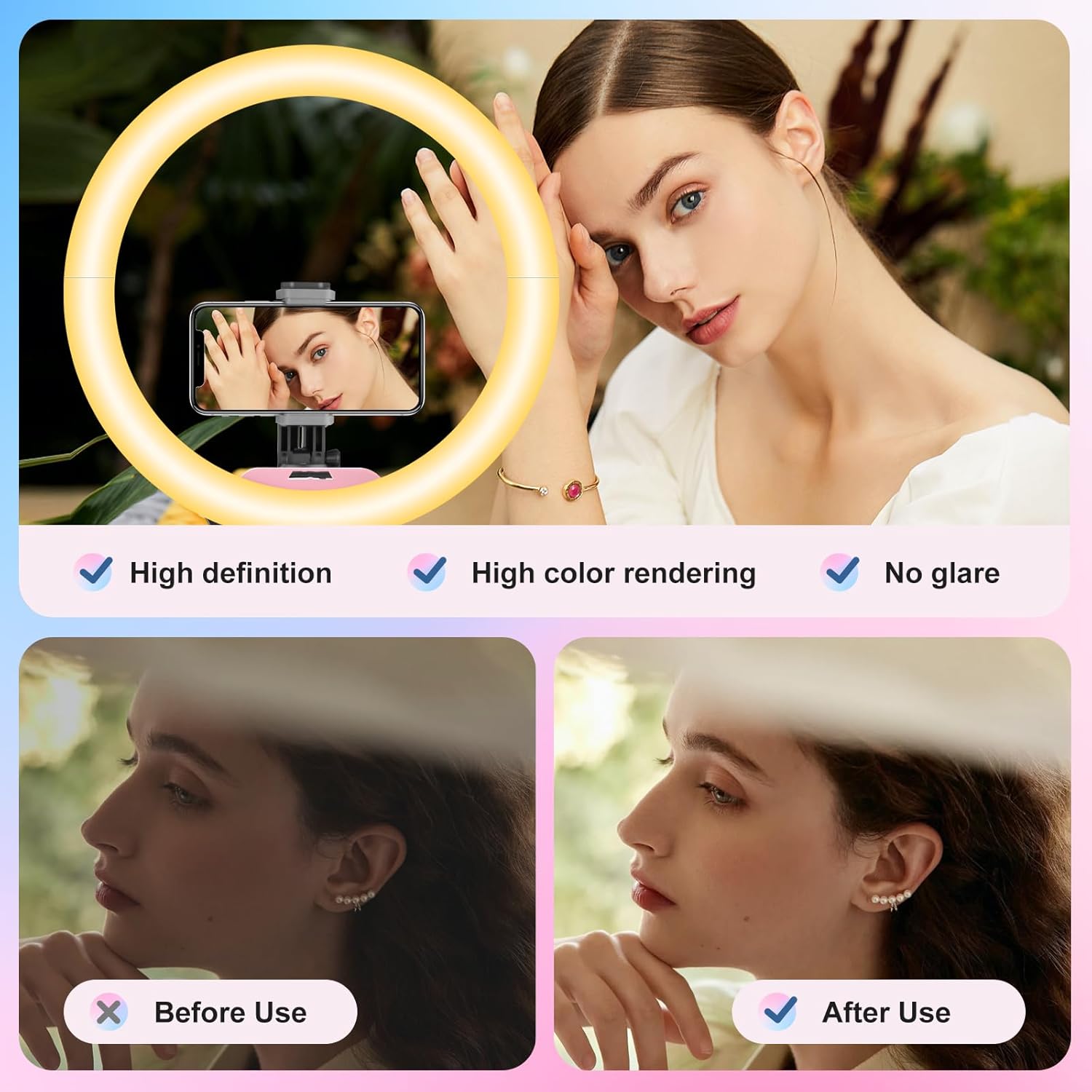 Aureday 14'' Pink Selfie Ring Light with 62'' Tripod Stand and Phone Holder, Dimmable LED Phone Ringlight for Makeup/Video Recording/Photography, Circle Lighting for Cell Phones&Lightweight Cameras