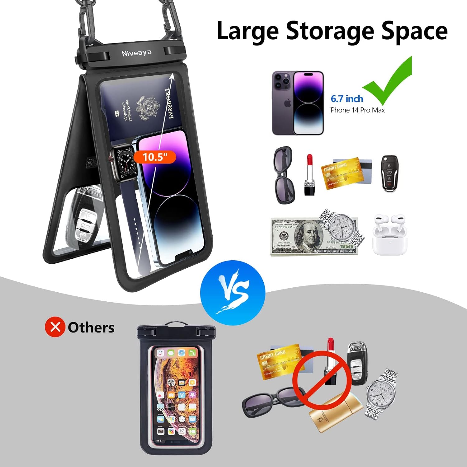 Niveaya [Up to 10.5"]Waterproof Phone Pouch - 2 Pack, Waterproof Phone Lanyard Case with iPhone 16/15/14/13/12 Pro Max up to 9.5", Phone Dry Bags for Vacation Beach Pool Kayak Cruise Travel Essentials