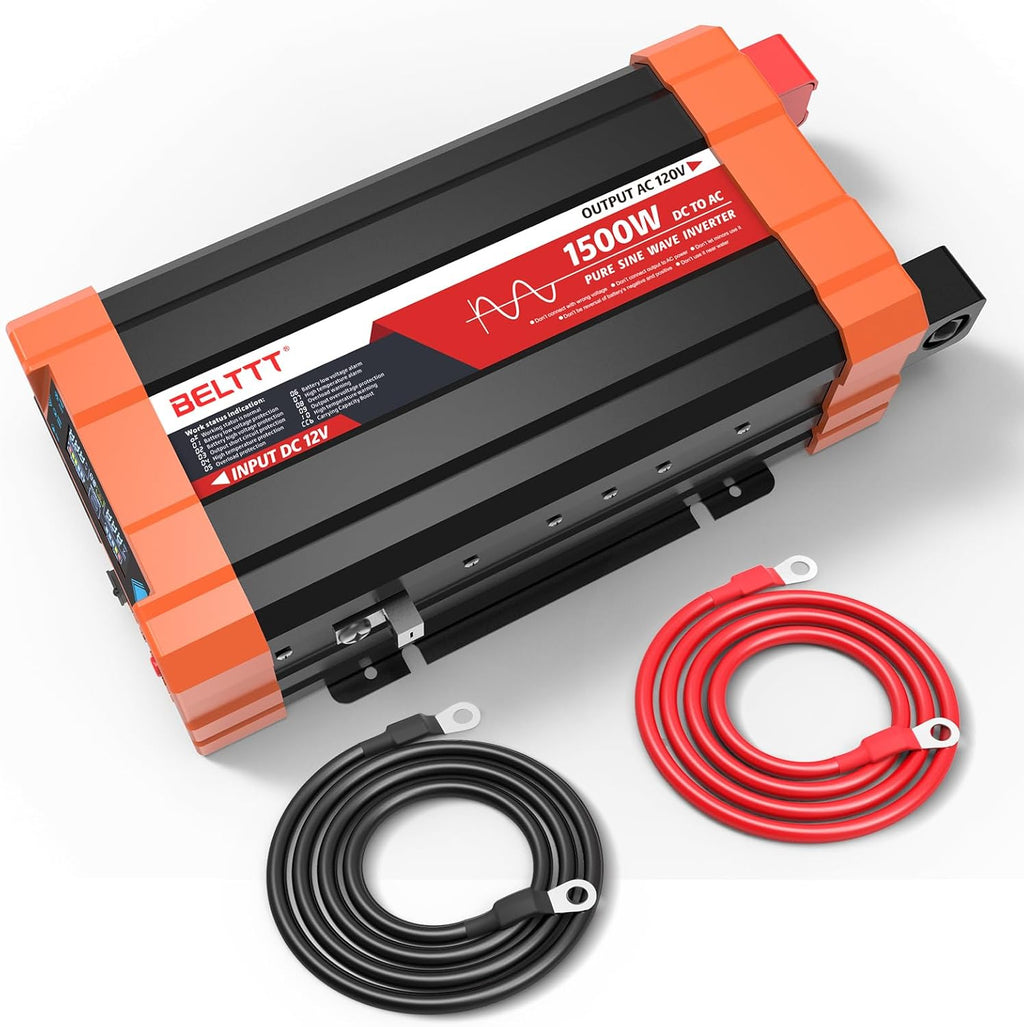 BELTTT 1500W Pure Sine Wave Inverter 12V to 120V AC, Car Power Inverter 12V to 110V Converter for RV, Truck, Solar, Off-Grid with Dual AC Socket, 5V 2.1A USB, Surge 3000W, Smart LCD Display