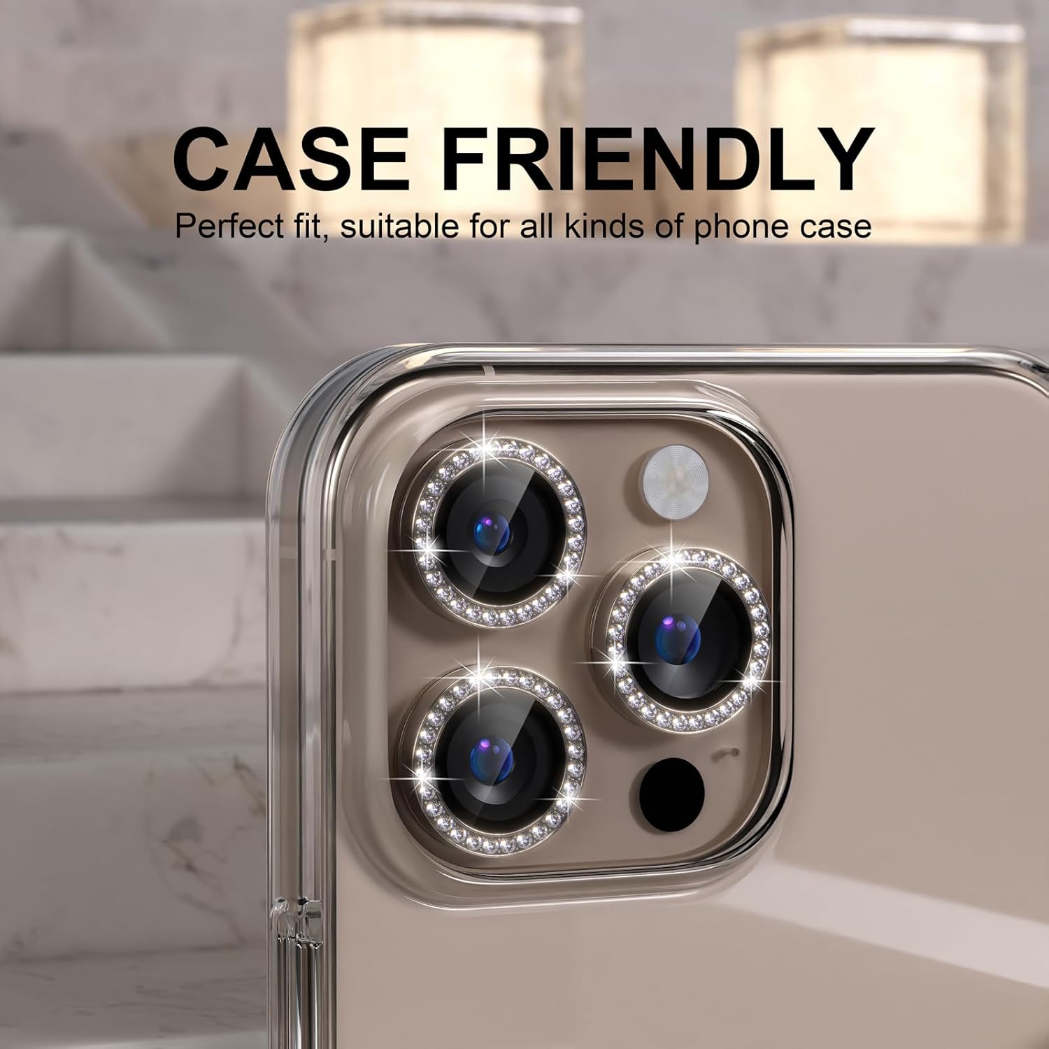 Choiche Compatible for iPhone 16 Pro/iPhone 16 Pro Max Camera Lens Protector Bling, 9H Tempered Glass Camera Cover Screen Protector Metal Ring Decoration Accessories (Diamond-Titanium Desert)