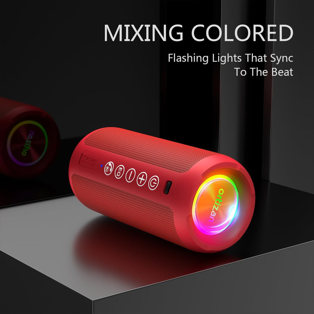 Ortizan Portable Bluetooth Speaker: IPX7 Waterproof, 24W Loud Sound, Deep Bass, Bluetooth 5.3, LED Lights, Wireless Stereo Pairing, 30H Playtime, for Home/Outdoor/Party/Beach, Birthday Gift (Red)