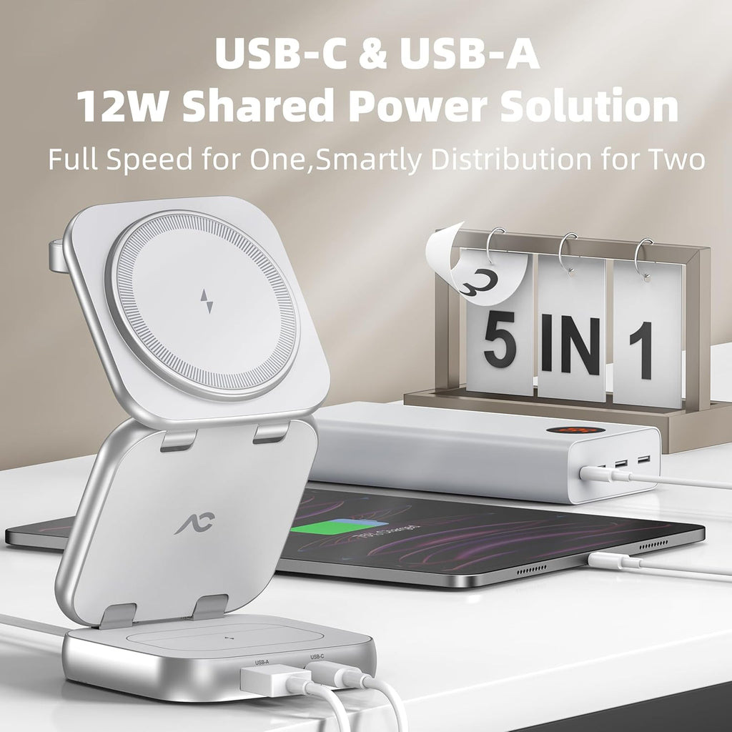 5-in-1 Wireless Charger for MagSafe, AC ISLAND Portable Travel Charging Station, 15W Max Fast Foldable Magnetic Stand, Evolved for iPhone 16/15/14/13 Series, Apple Watch, AirPods (with 35W Adapter)