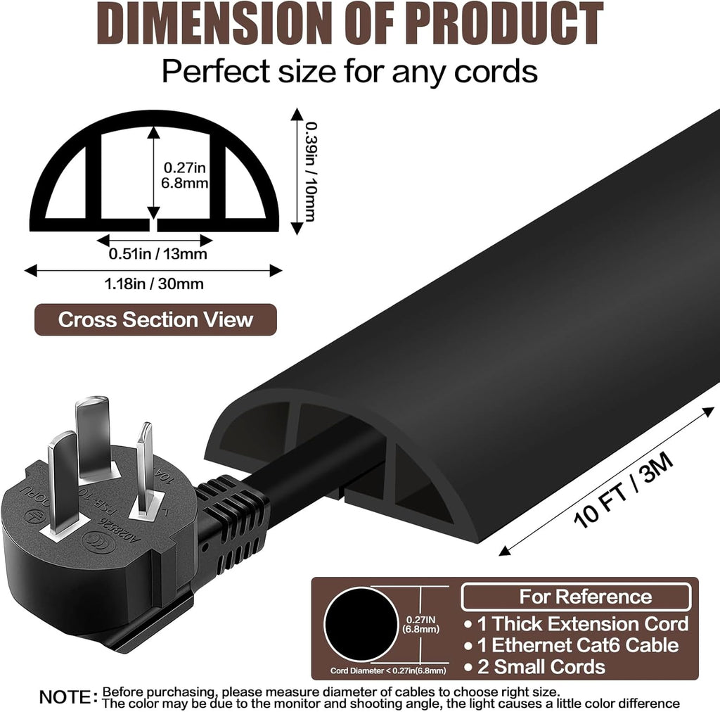 Floor Cord Cover Self Adhesive Cord Hider,10FT Cable Management, Extension Strip Protector for Wires, Prevent Cable Trips for Offices, Gyms, Exhibitions Cavity:0.39"(W) x 0.27"(H) Black