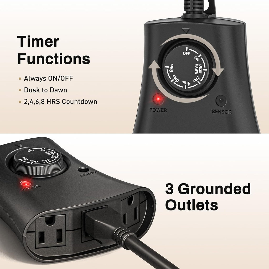 Lights Plug Timer Outdoor, Dusk to Dawn Electrical Timer Switch with Remote, Waterproof 3 Grounded Electrical Outlets for Halloween Christmas, 2PCS