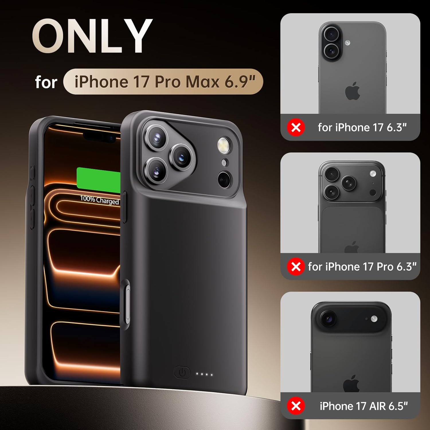 Battery Case for iPhone 17 Pro Max, Charging Case Charger 8500mAh Ultra-Slim Lightweight Powerful Battery Pack 15W Fast Rechargeable Anti-Fall TPU Juice Box for iPhone 17 Pro Max (6.9") Black