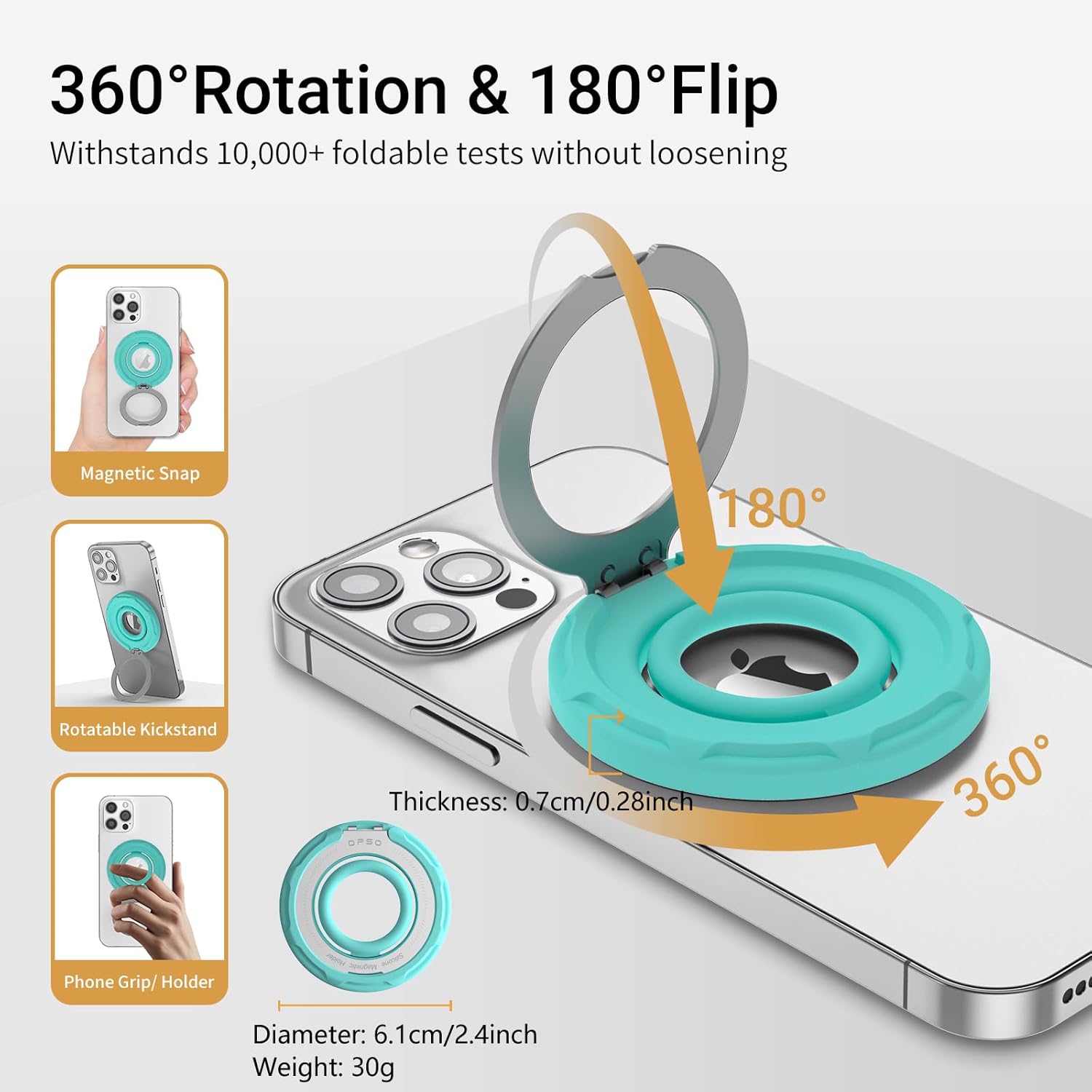 OPSO Magnetic Phone Ring Holder for MagSafe, 360 Degree Rotation Silicone Finger Ring Grip Stand Holder, Adjustable Kickstand, Compatible with iPhone 16 15 14 13 12/Pro/Max, Samsung and All Smartphone